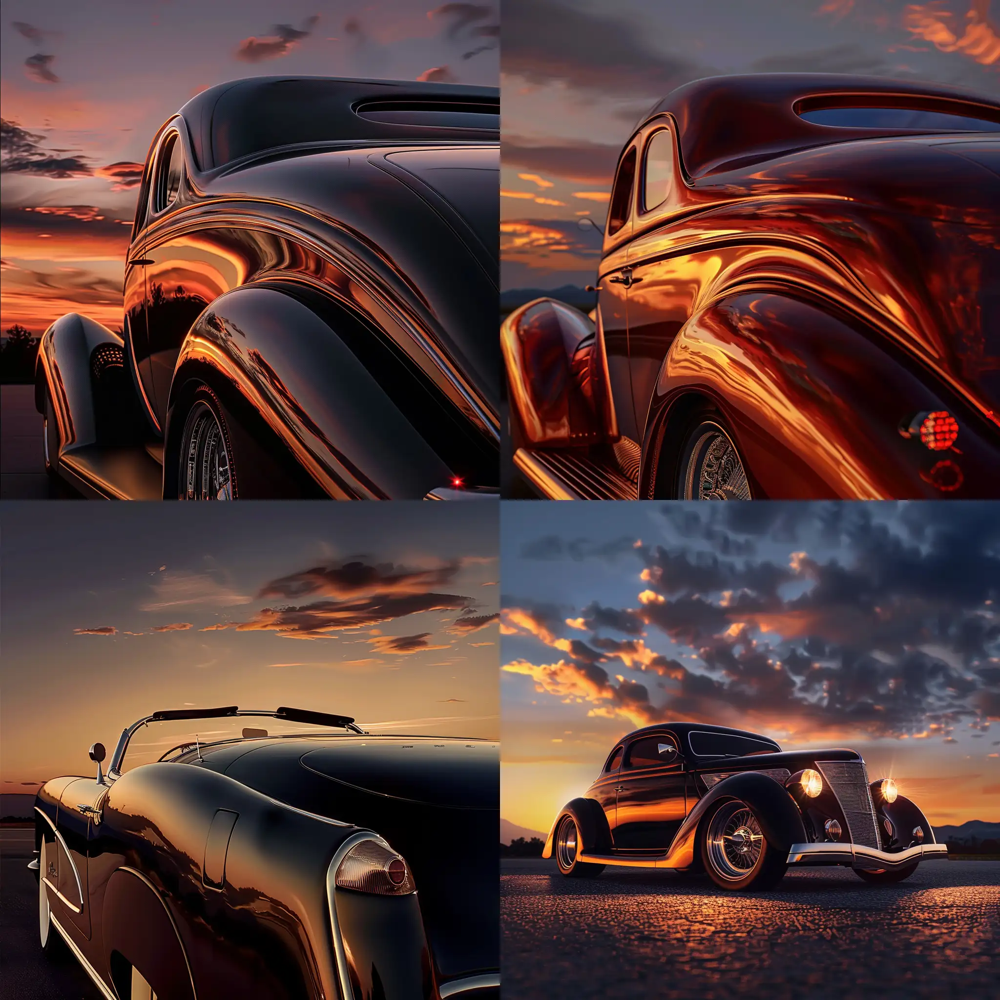 Envision a photorealistic image of a classic car set against a sunset. The image should capture every reflection on the car’s polished surface, the curves that give it its distinctive shape, and the intricate details that make it a classic. The setting should complement the car, with elements that evoke a sense of nostalgia. The lighting should highlight the car’s features, creating a play of light and shadow that adds depth to the image. Use a high-resolution 32k camera with a 16:9 aspect ratio, a raw style, and a quality setting of 2 to capture this timeless scene. –ar 16:9 –v 6 –style raw