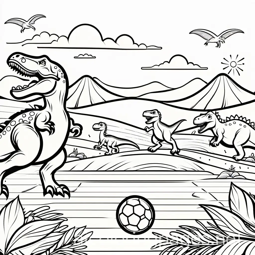 dinosaurs playing soccer, Coloring Page, black and white, line art, white background, Simplicity, Ample White Space. The background of the coloring page is plain white to make it easy for young children to color within the lines. The outlines of all the subjects are easy to distinguish, making it simple for kids to color without too much difficulty