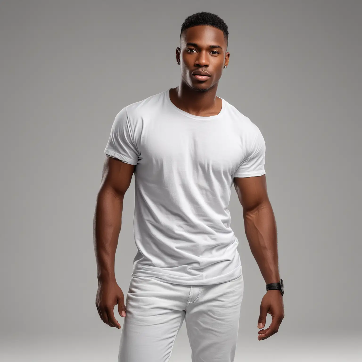 generate realistic handsome fair skin Bahamian male model wearing white pants with the tshirt design attached .he is in a studio