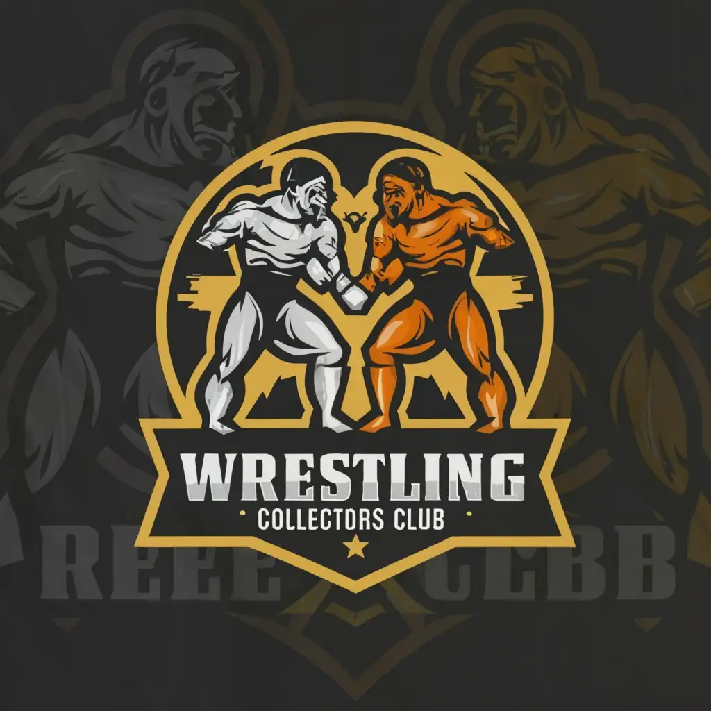 a logo design,with the text 'Wrestling collectors club', main symbol:Wrestlers,complex,be used in Others industry,clear background, wrestling ring background