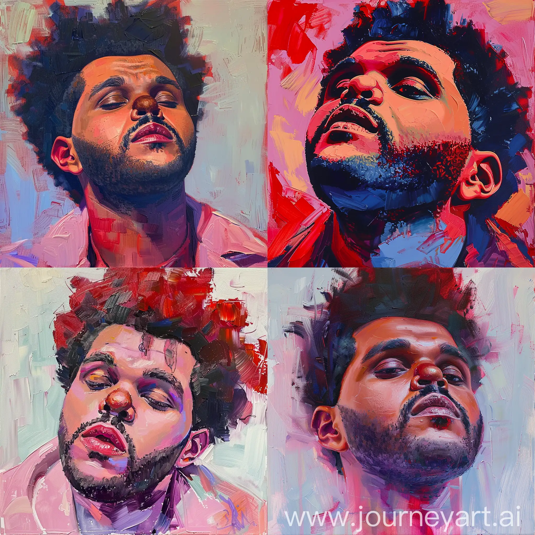 oil painting of abel tesfaye aka the weeknd in soft pastel colors like red:: the weeknd::0.5