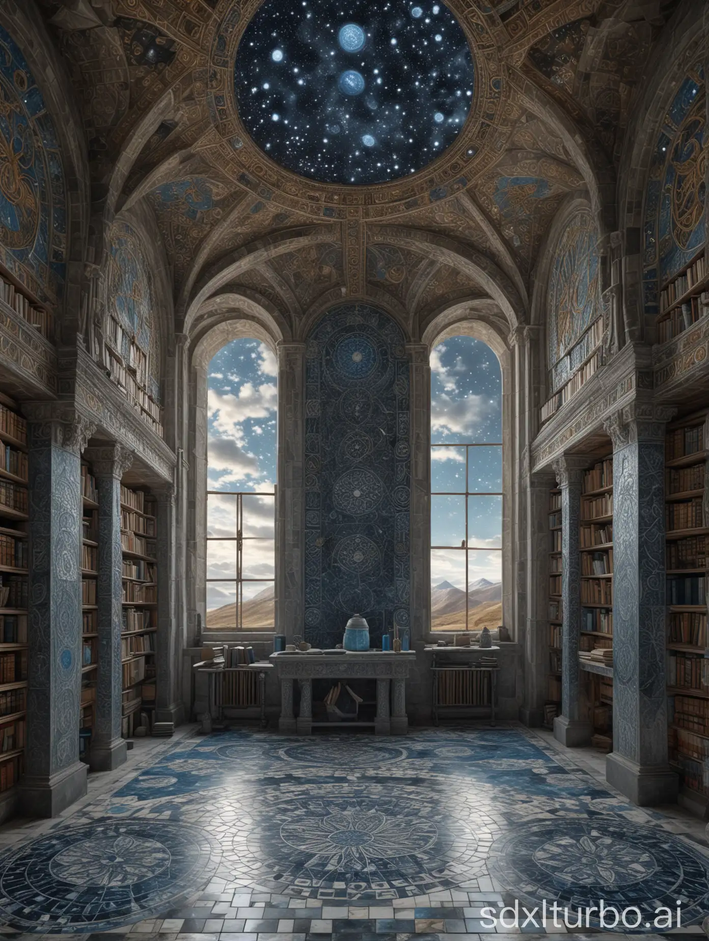 A vast indoor stone alchemical laboratory with fractal pattern floor, mosaic carved columns and high dome mosaic ceiling with starry sky,  books,  a nice male viking god with long blond hair and a white and blue tunic adorned with mandalas, cloudy sky in the back, chiaroscuro, dark nordic atmosphere, high precision, highly detailed, photographic