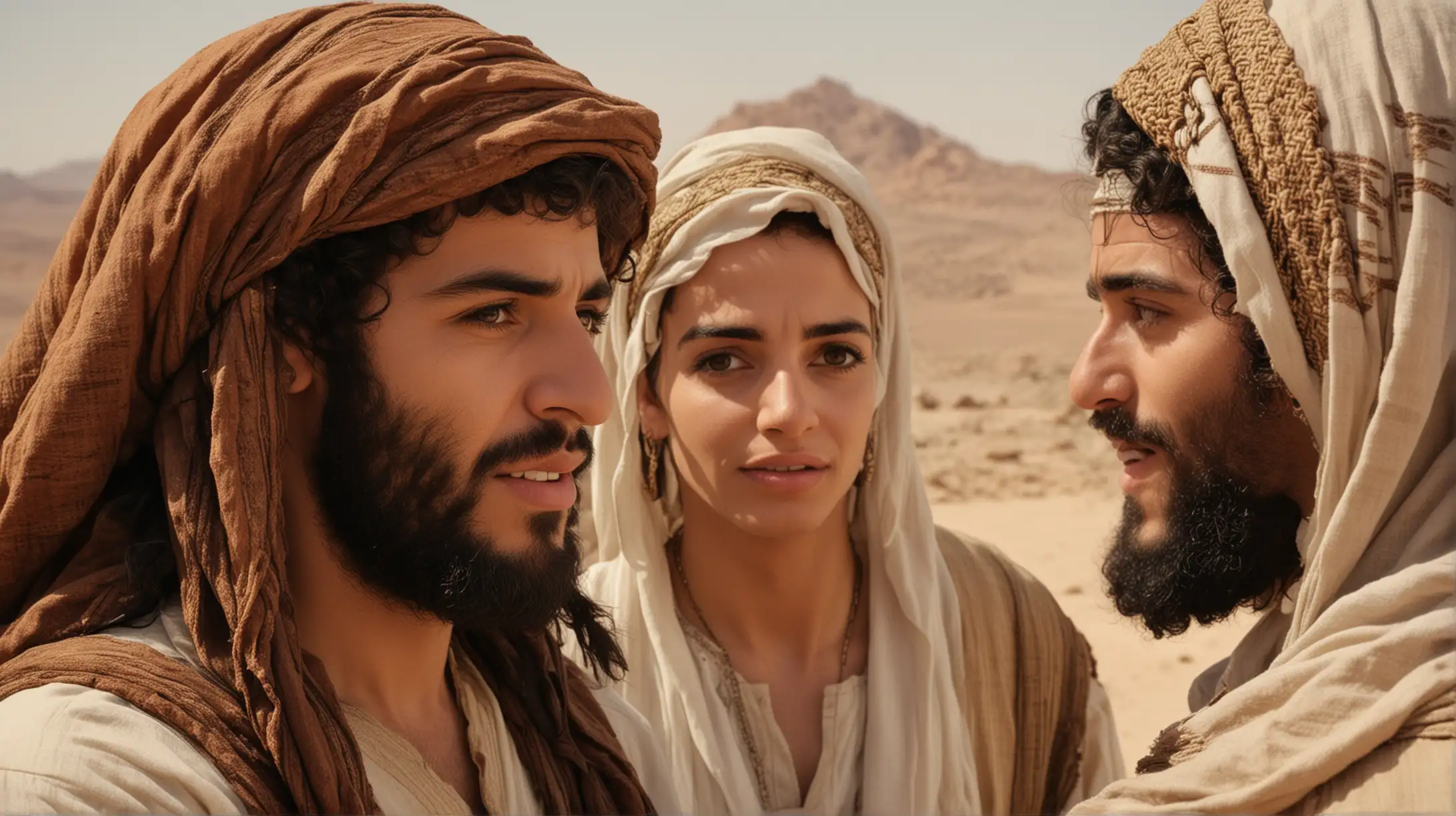Middle Eastern Men Conversing with Attractive Woman in Biblical Desert Scene