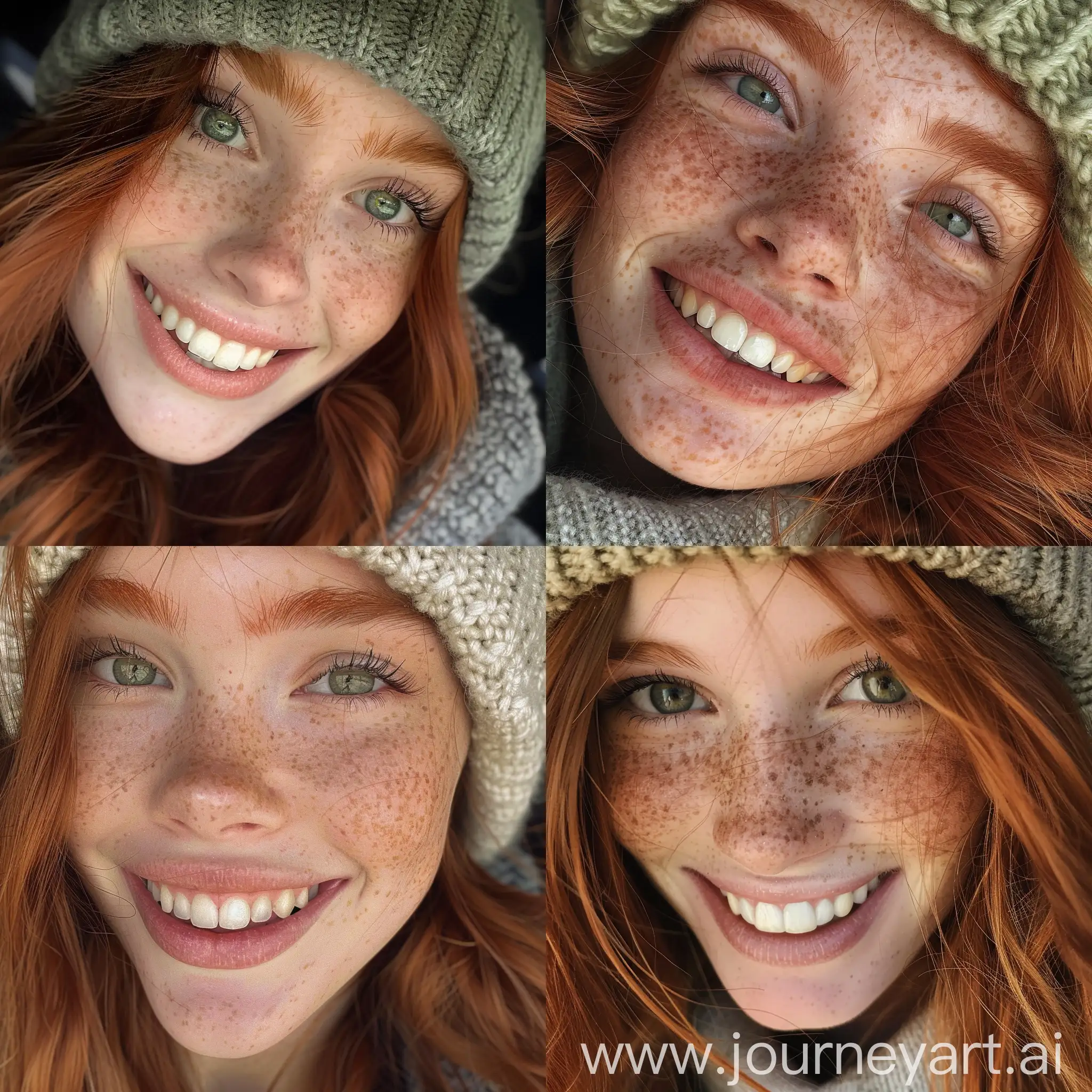 Aesthetic instagram close up selfie of a redhead top model teenage girl, freckles, beanie, smiling brightly, perfect teeth, green eyes
