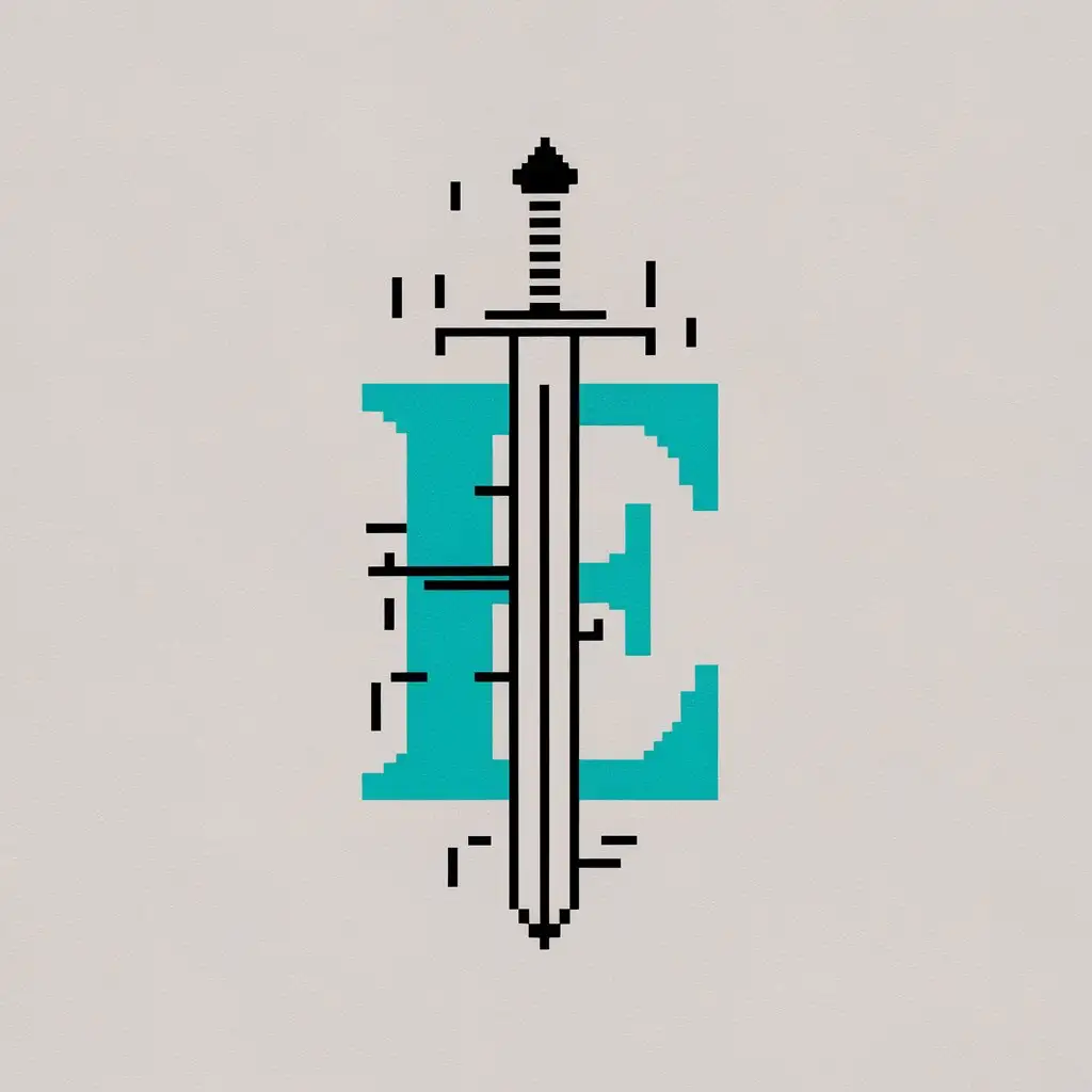 Pixel-Art-Minimalism-Sword-Piercing-Aqua-Letter-E-on-Colored-Background