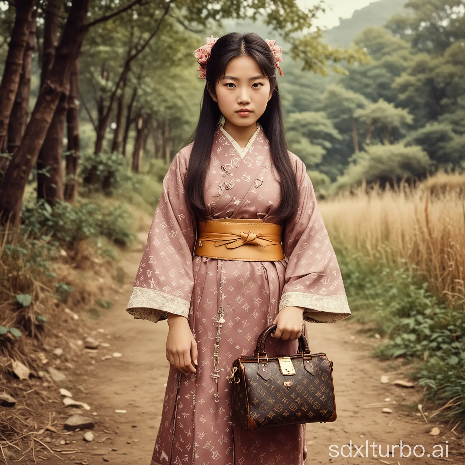 vintage photograph of a rural Japanese girl wearing louis vuitton brand, circa 1867, colorized