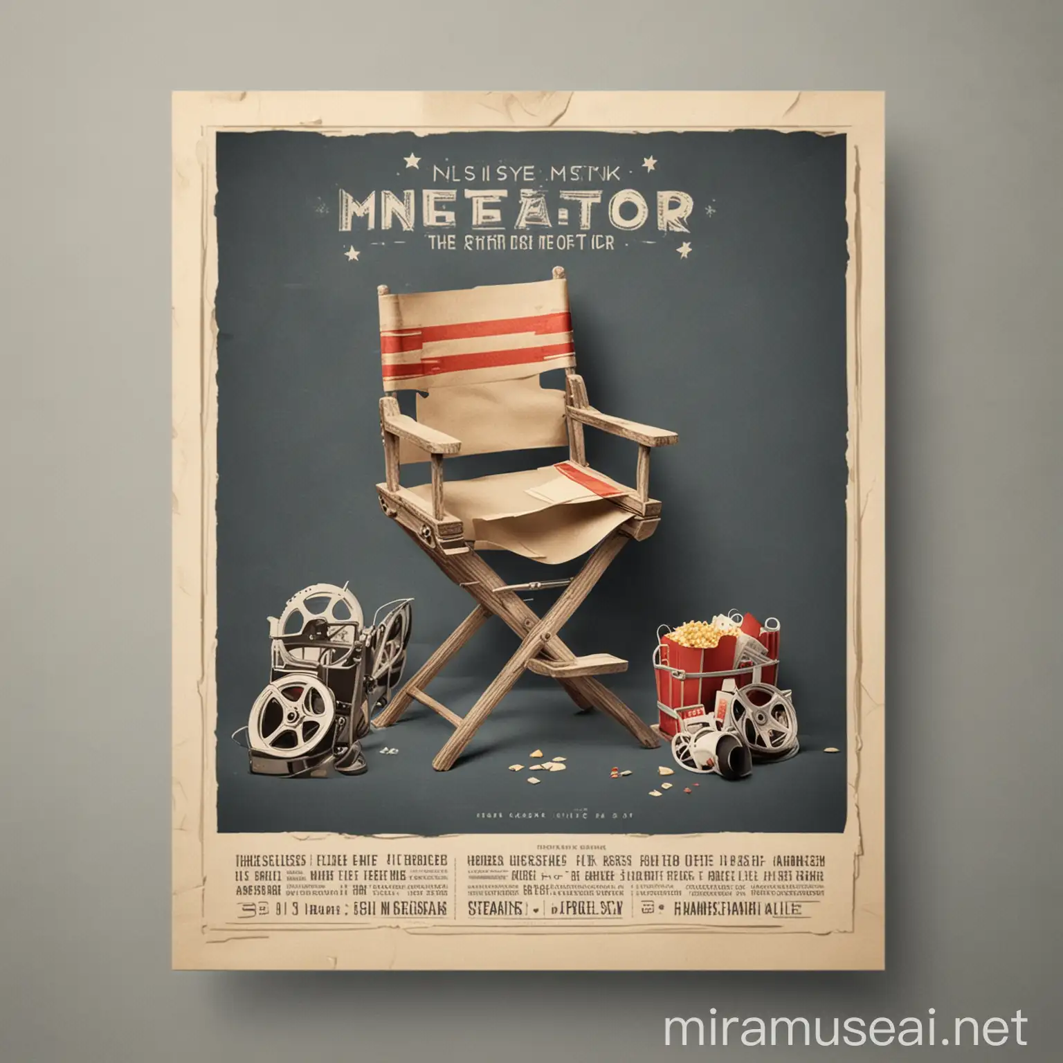 movie flyer template, Cinema director chair and film reels in the corner of the paper. 

