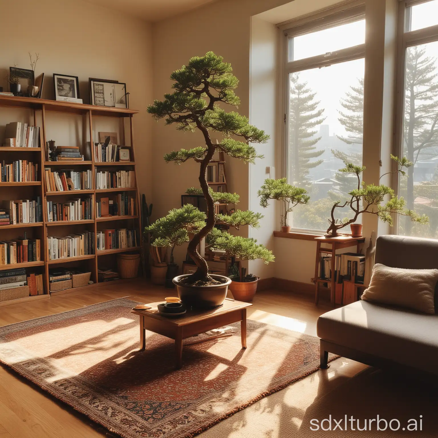 In the living room, there is a sofa, a bookcase, a carpet, and on the desk, there is coffee and an open book. There is also a pot of bonsai pine on the desk, with sunlight streaming through the window, shining on the pot.