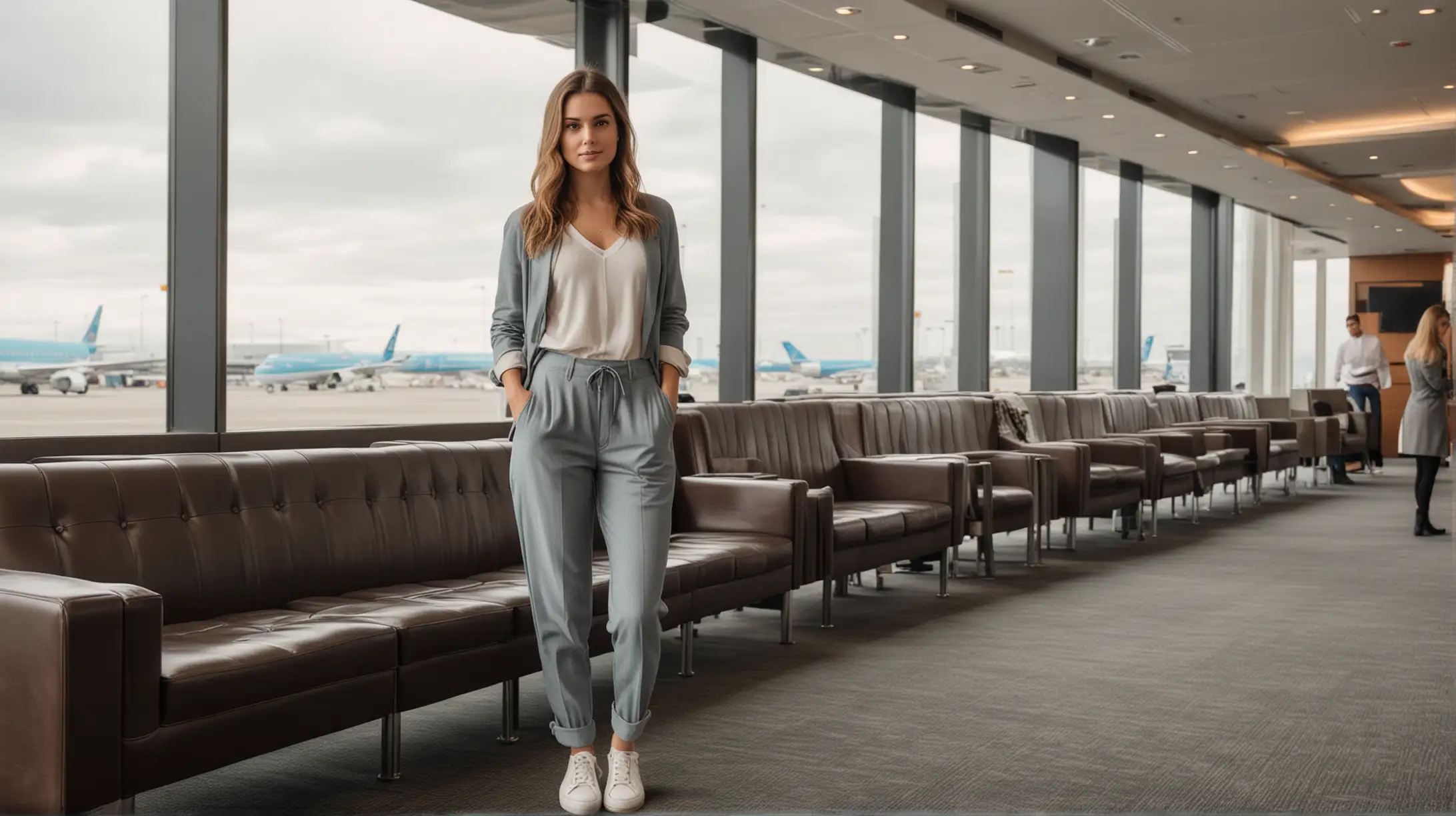 Young North American Womans FullBody Portrait at Airport Lounge