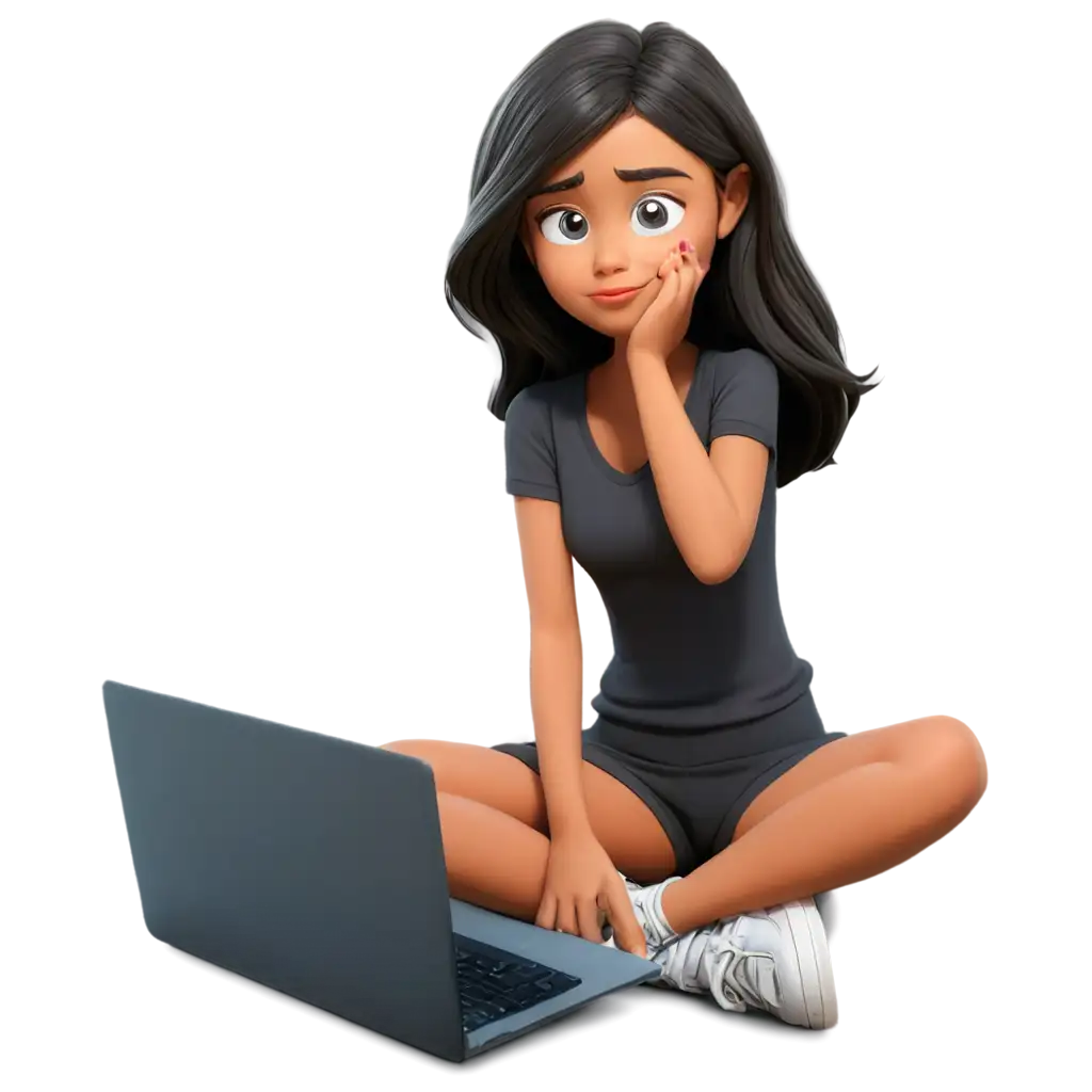 a cartoon worried looking 
 girl sitting cross-legged with a laptop