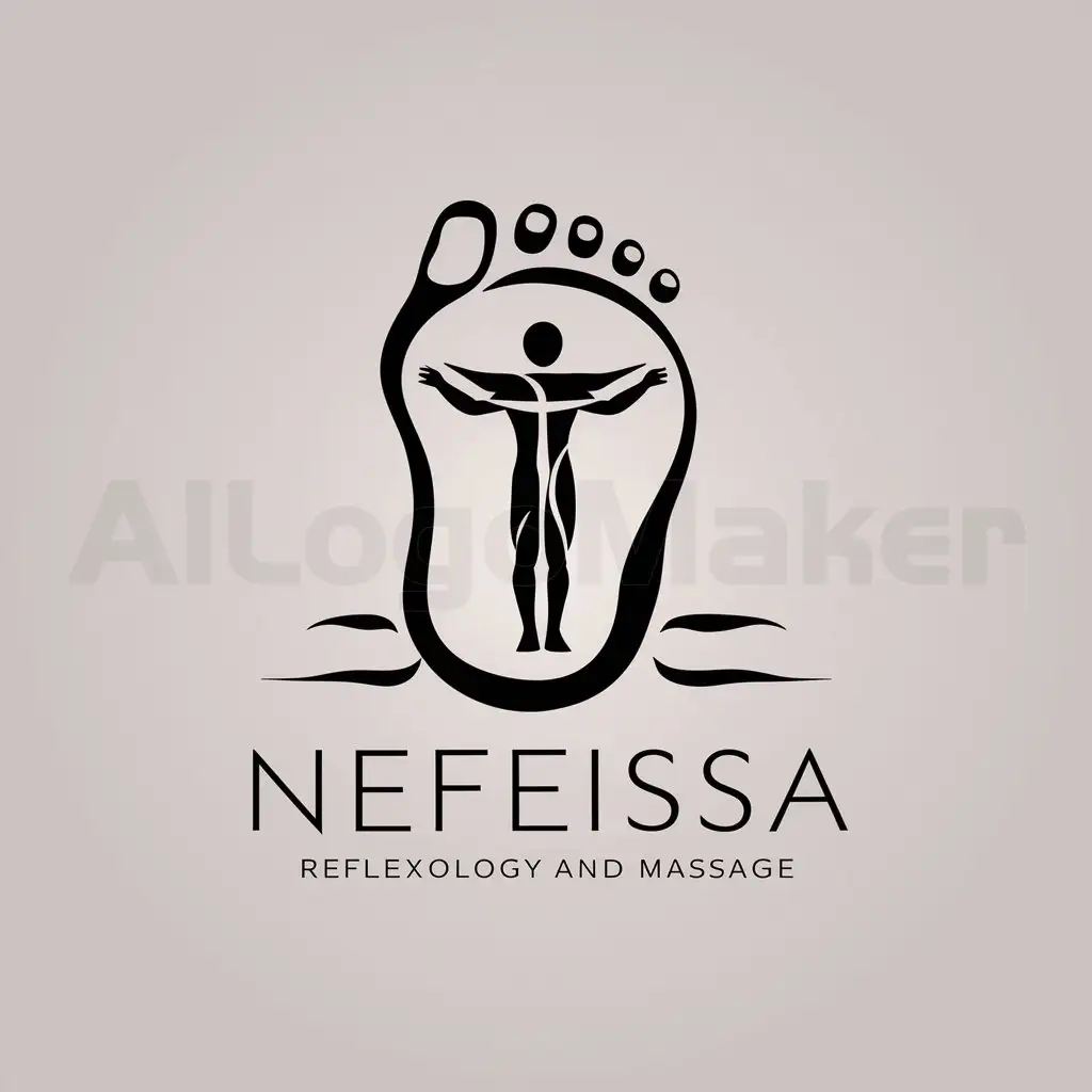 a logo design,with the text "Nefeissa refelxology / Massage", main symbol:Reflexology Logo, with a divinci's vetruvian man inside foot silhoutte,Moderate,clear background