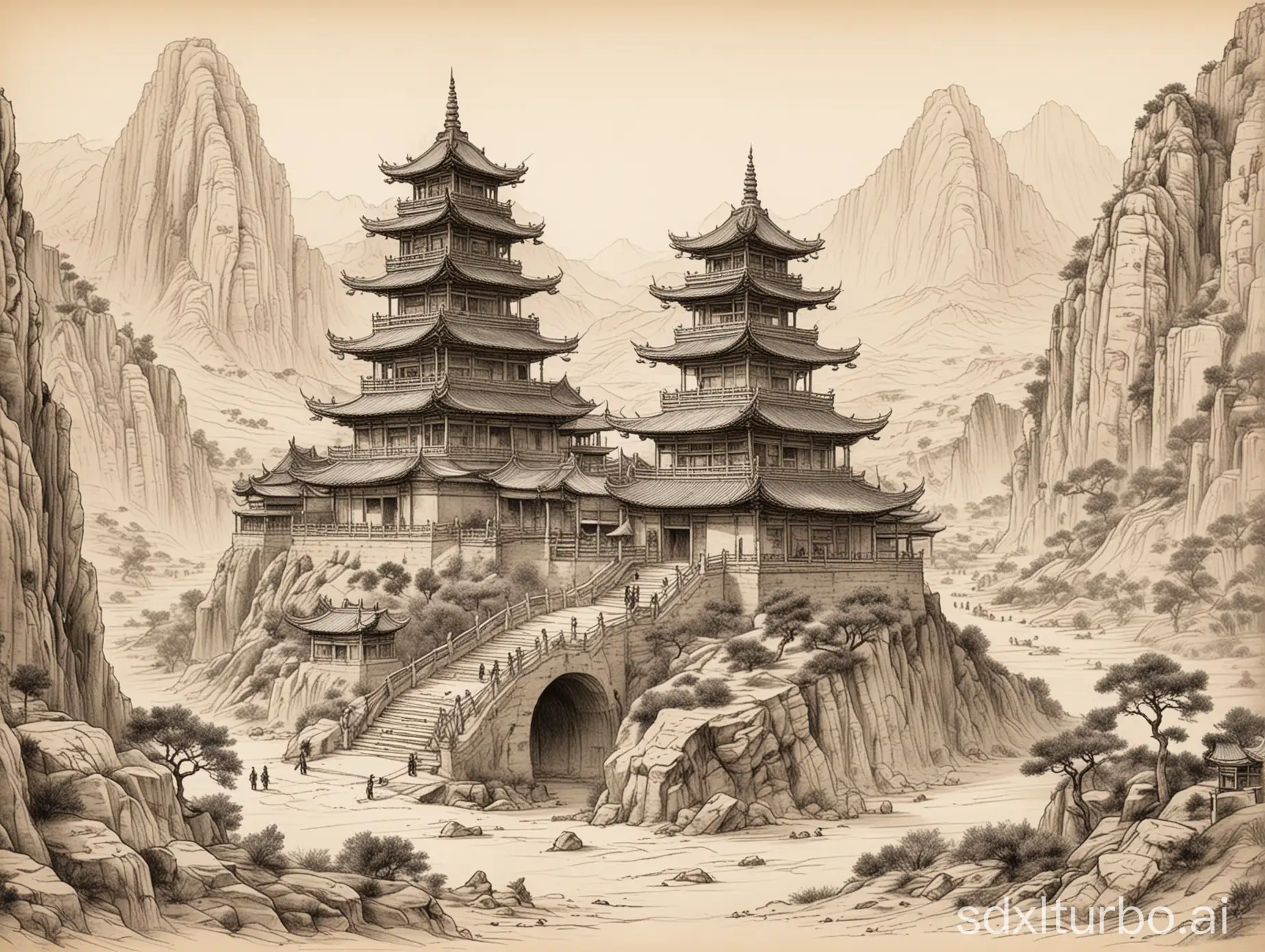 Hand-Drawn-Sketch-of-Dunhuang-Nine-Tiers-Pagoda-in-Pencil-Chaos