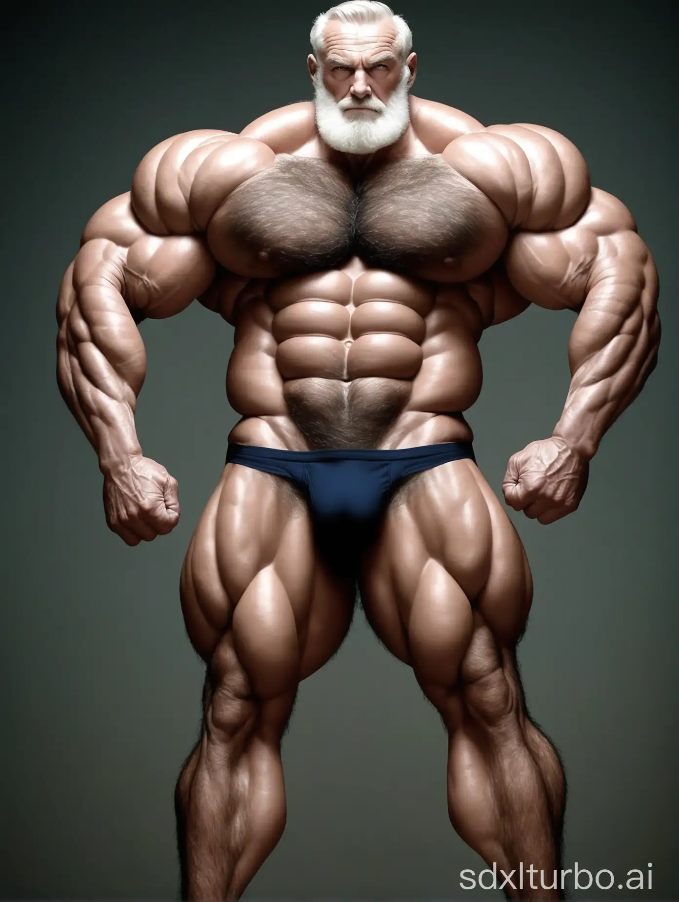 White skin and massive muscle stud, much body hair. Huge and giant and strong body. Very long and strong legs. 2m tall. Very big chest. Very big biceps. 8-pack abs. Very massive muscle body. Wearing underwear. He is extremely tall and muscular. Very old man. Very handsome men.