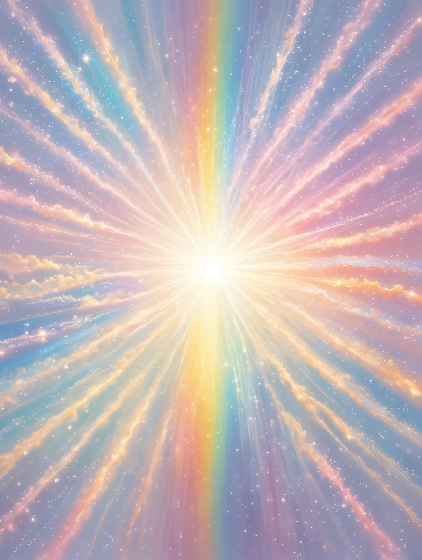 please create a pastel rainbow transcendent sparkly artwork of divine love, light, and rainbow rays coming out of the bright white sun
