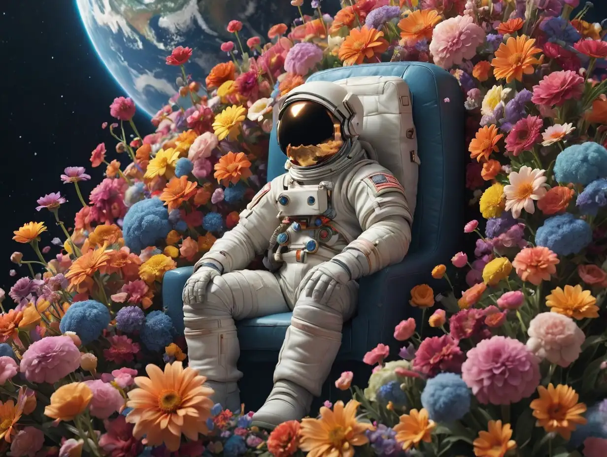 An astronaut sits on a throne of colorful flowers with Planet Earth shining in the background, 3D, detailed