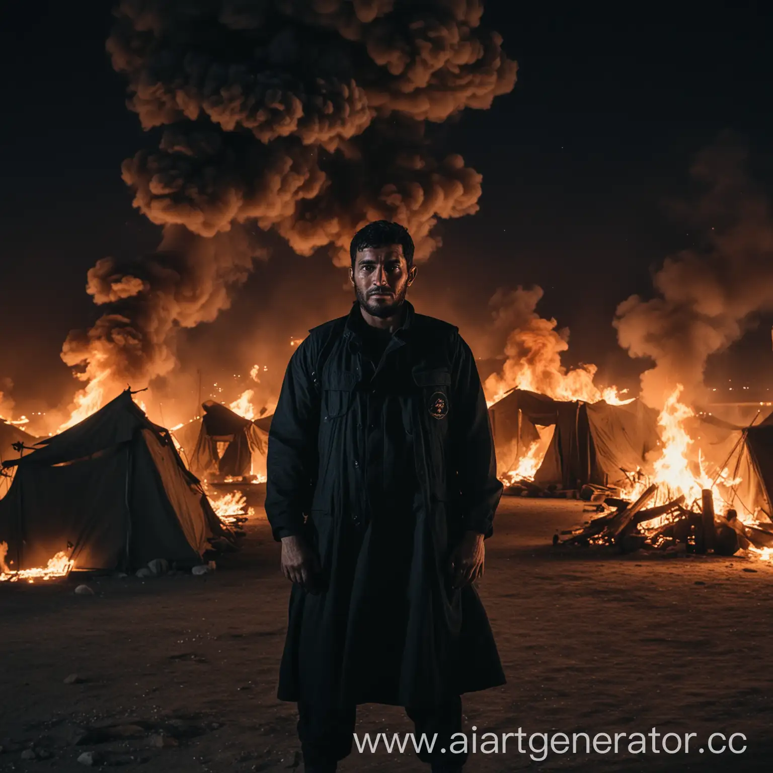 Man-in-Afghanistan-Against-Backdrop-of-Burning-Camp-at-Night