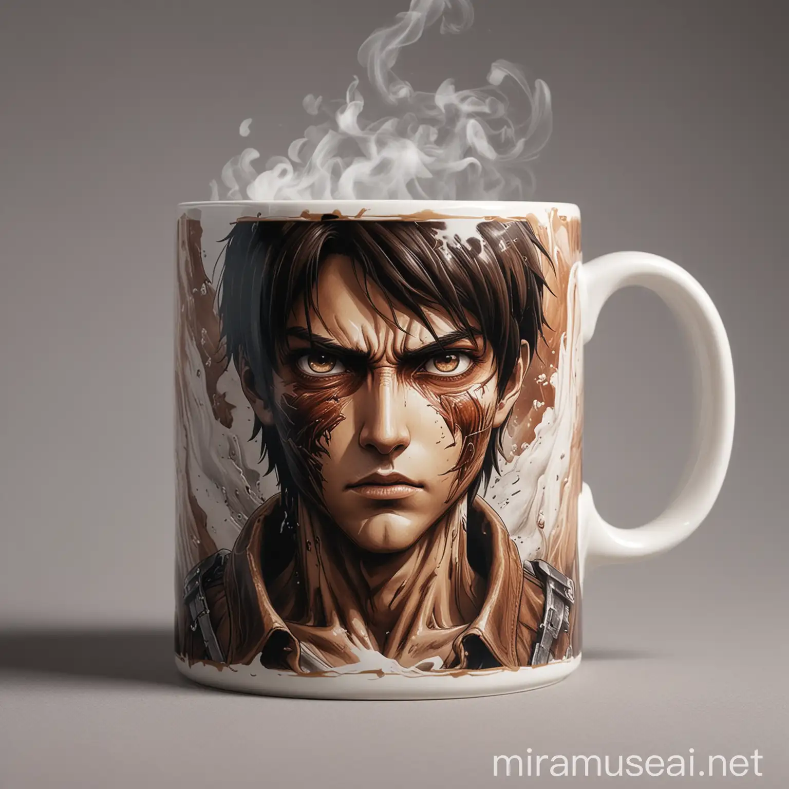 Detailed illustration of a ceramic mug, approximately 12 ounces in size, decorated with an Attack on Titan theme. In the center, feature a fierce portrait of Eren Yeager in his Attack Titan form. Steaming liquid fills the mug, with wisps resembling smoke from the battle within the walls. The handle can be shaped like the Attack Titan's key or any other recognizable element from the series.