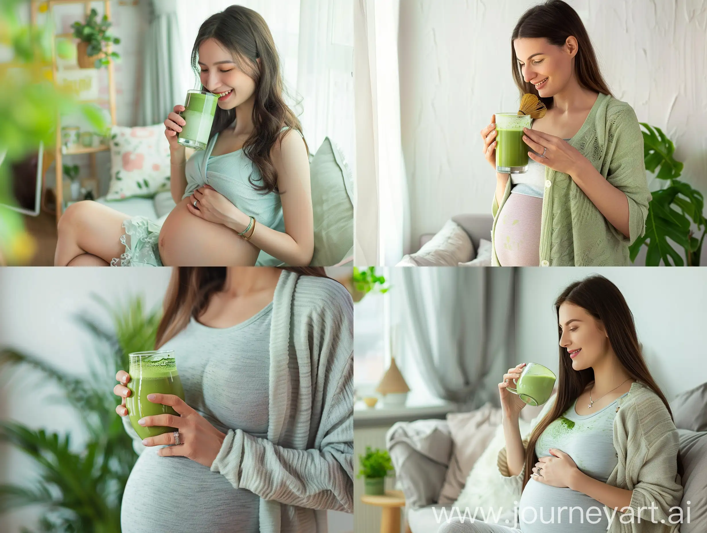 A photo of a pregnant woman drinking matcha