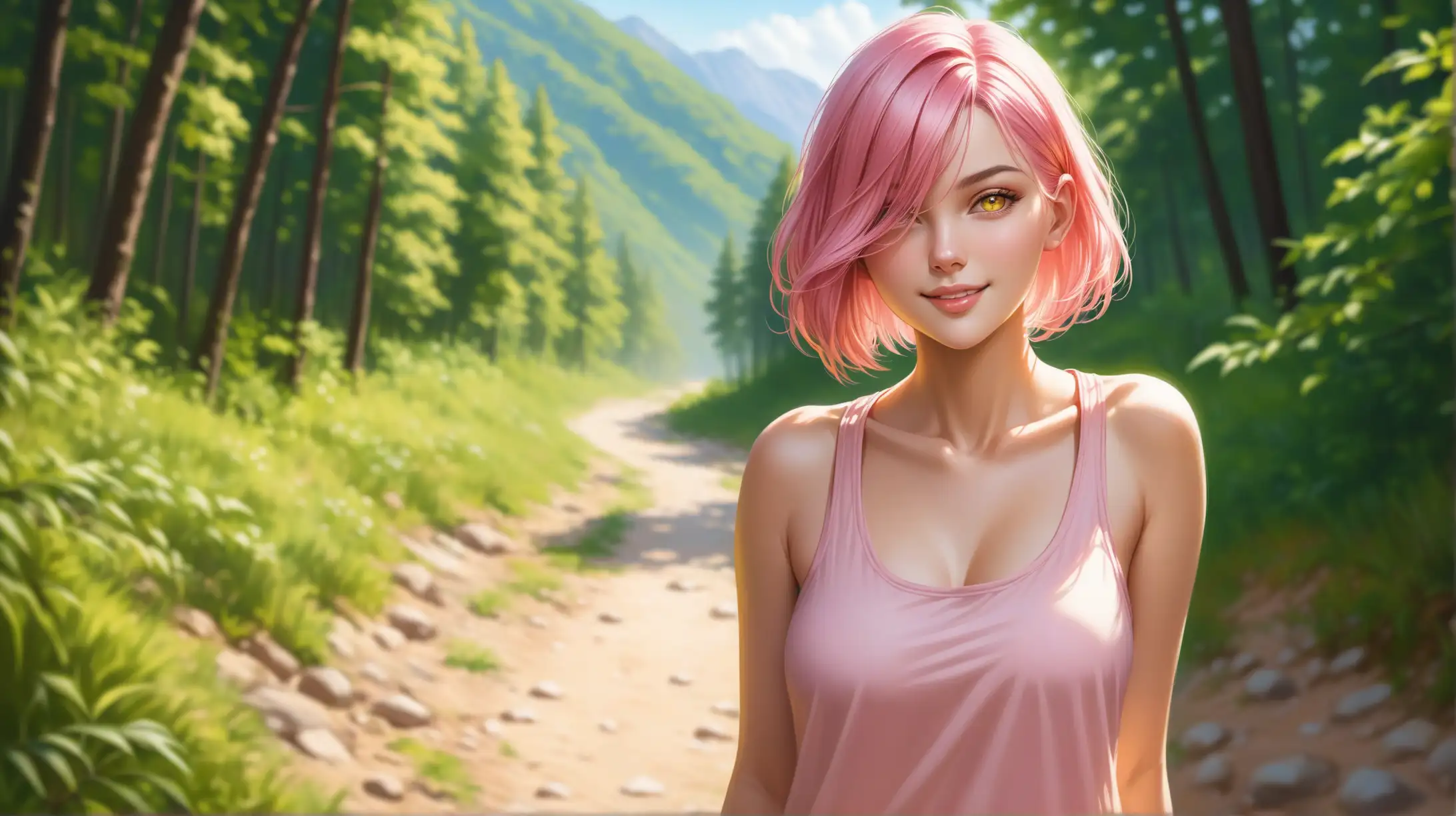 Seductive Woman with Pink Hair Smiling on Hiking Trail