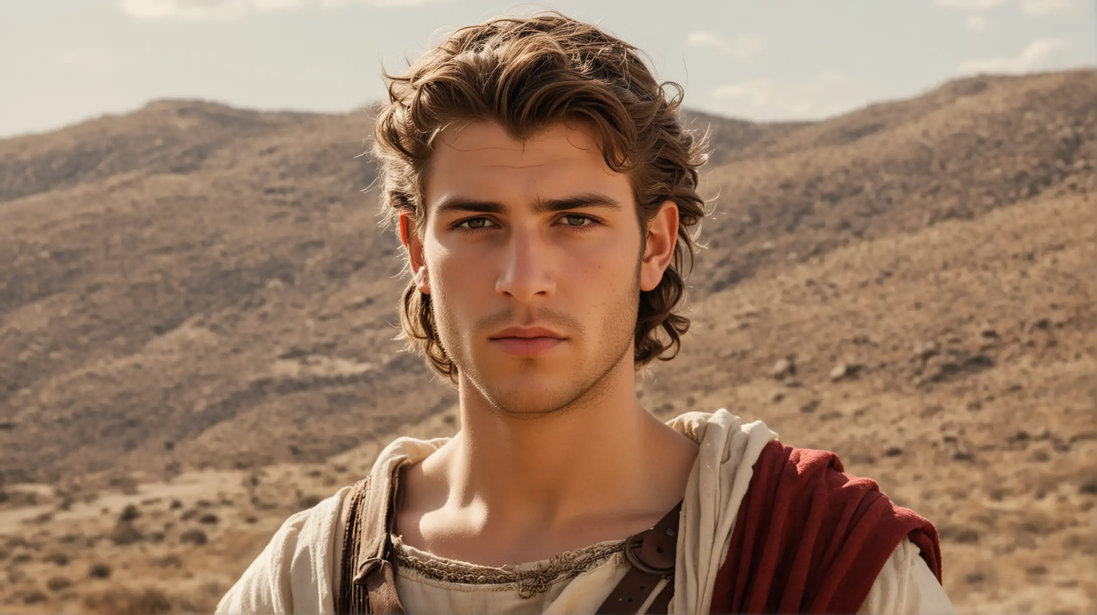 A close up of a young handsome Biblical King David standing on a desert hilly field and a white sunny sky,   Set during the Biblical Era of King David.
