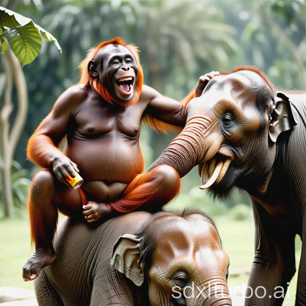 orang utan mann, laughing, sits on elephant, drinks cola