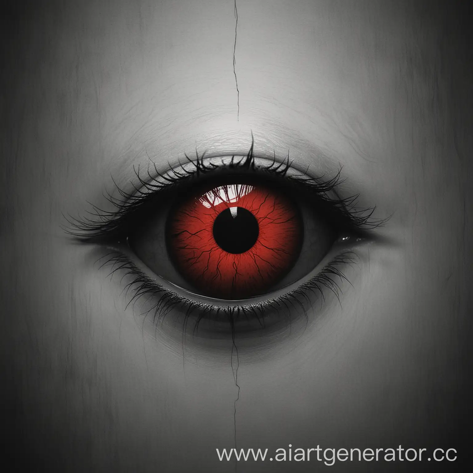 Minimalist black and white cover with a single red demonic eye staring out of the darkness in soft tones