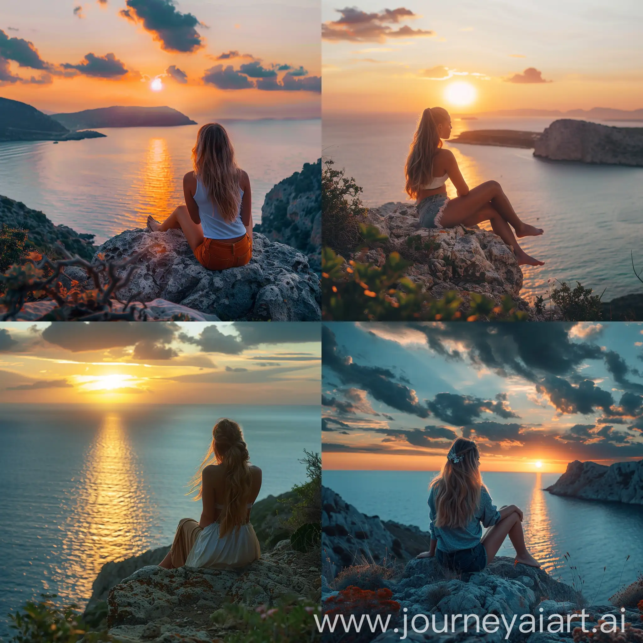 femme assis sur un rocher avec une vue sur la mer avec un couché de soleil magnifique