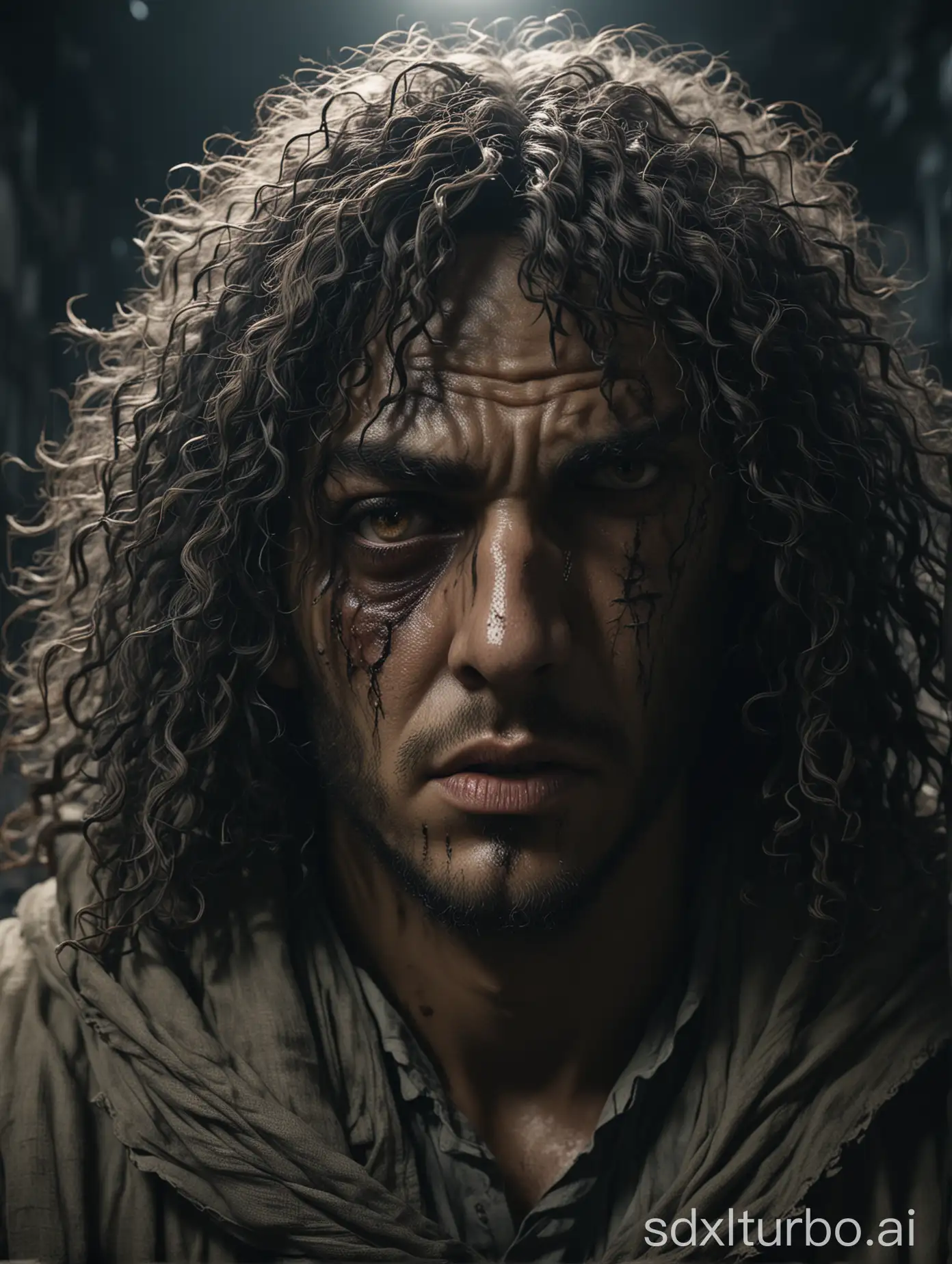 A depiction of Dajjal, featuring (one blind eye)++, curly hair, and a cruel, menacing face, amidst an apocalyptic, dystopian setting with creepy, horror lighting. Epic details, hyper detail, 8k, ultra sharp, UHD.
