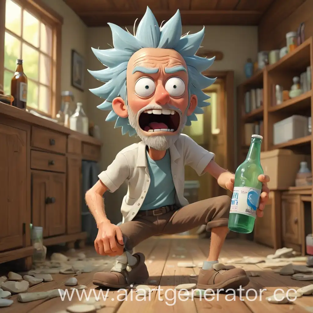 Cartoon-Rick-Enjoying-a-Solo-Trip-at-Home-with-a-Bottle