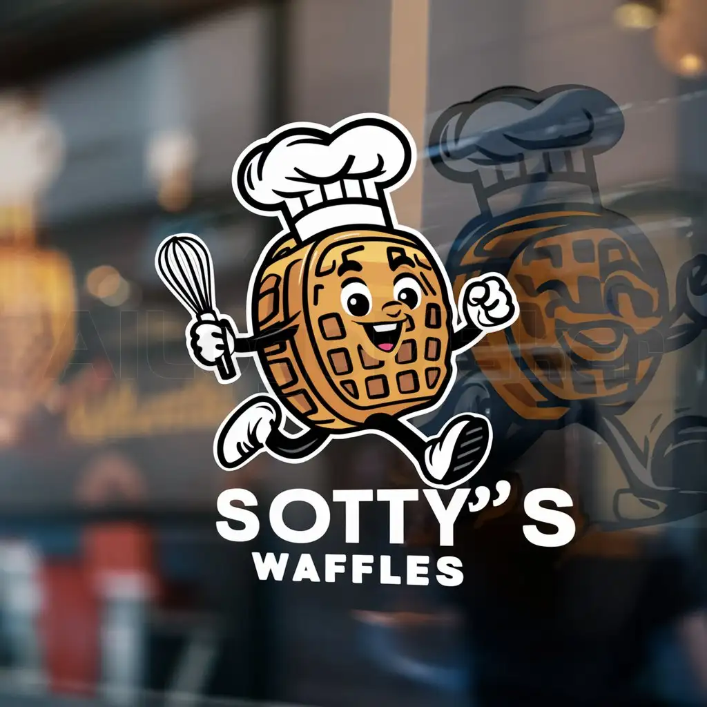 a logo design,with the text "Scotty’s Waffles", main symbol:A super cute running waffle with arms and legs holding a whisk and wearing a chef's hat,complex,be used in Restaurant industry,clear background