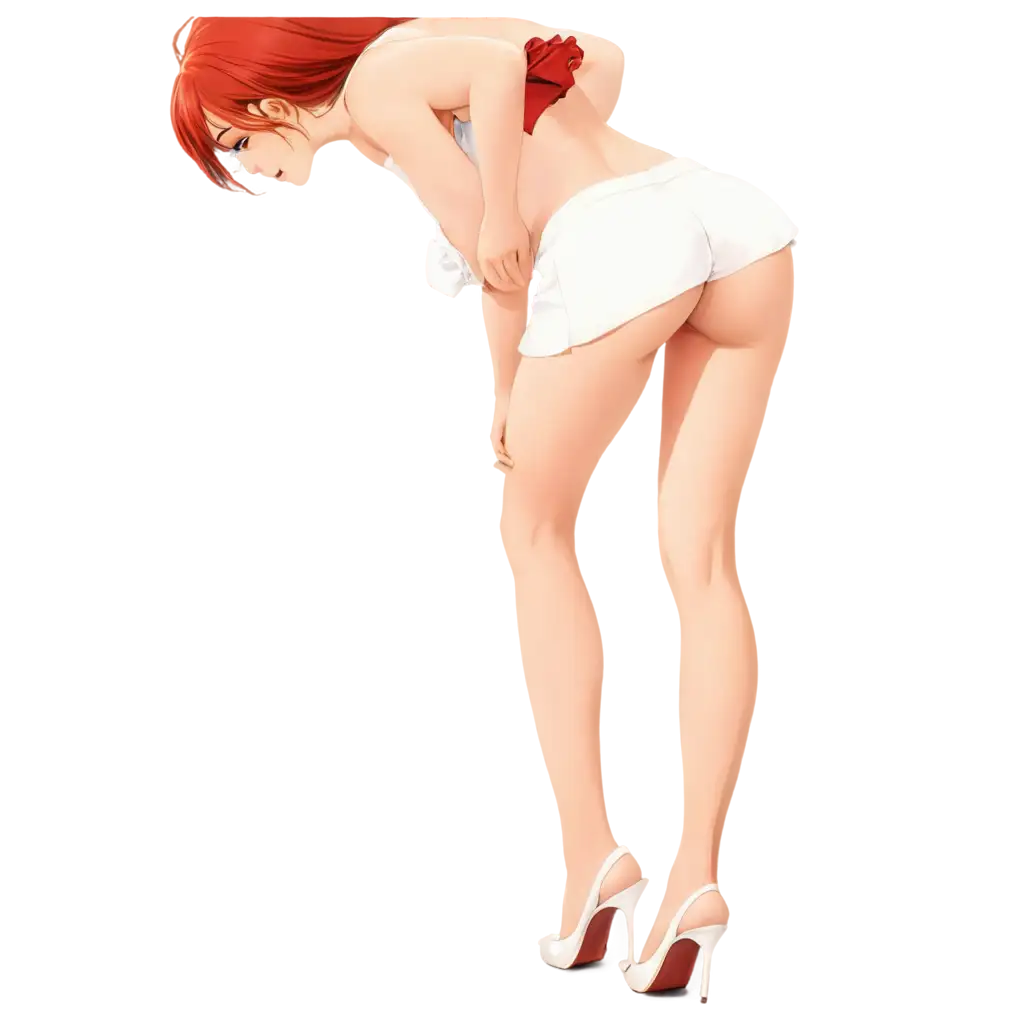 PNG anime, age 21, redhead bent over facing away, white panties around ankles