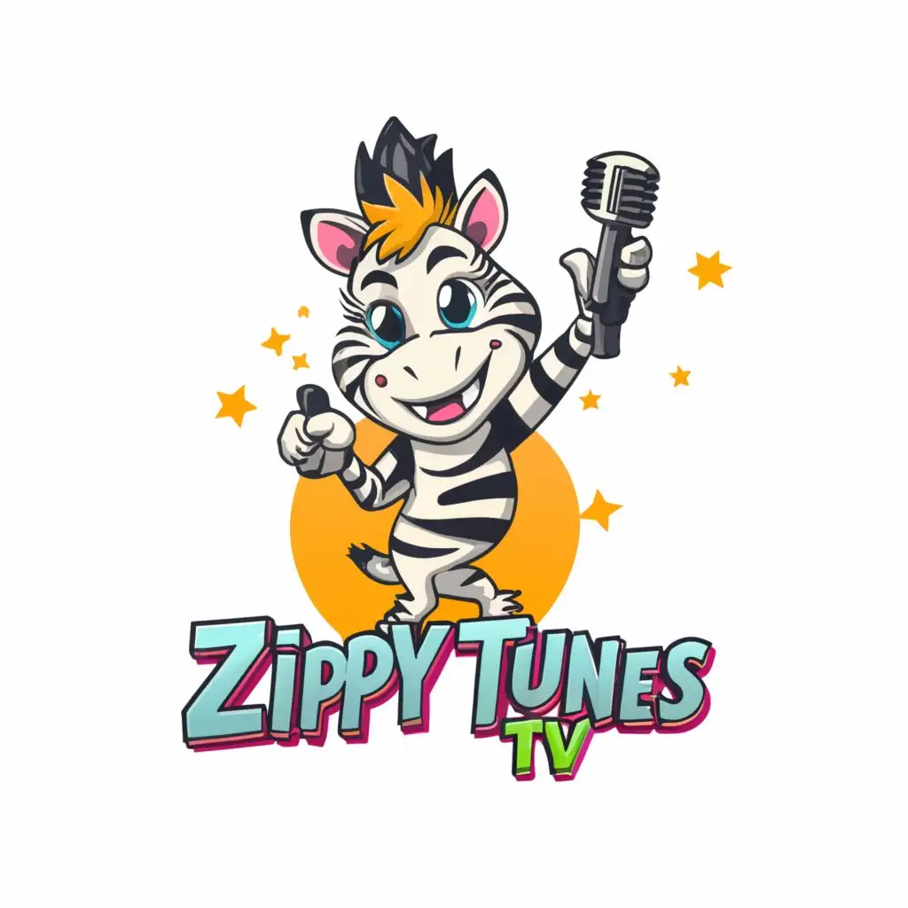 a logo design,with the text "Zippy tunes Tv", main symbol:"Zippy Tunes TV" logo, you could consider incorporating a cartoon character that reflects the energetic and musical theme of the brand. Here's a suggestion:

Character: Create a cheerful and lively cartoon character, such as a cute animal or a whimsical creature, like a zippy zebra, a bouncy bunny, or a playful parrot. This character should be shown happily singing or dancing to represent the musical aspect of the brand.
Expression: Ensure the character has a big, friendly smile and bright, expressive eyes to convey positivity and joy.
Action: Show the character in a dynamic pose, perhaps with one arm raised in the air or holding a microphone or musical instrument, indicating movement and excitement.
Color: Use vibrant colors to make the character stand out and grab attention. Consider incorporating the same color scheme as the text portion of the logo for consistency.
Here's a rough sketch of a logo featuring a zippy zebra character:,Moderate,be used in Others industry,clear background