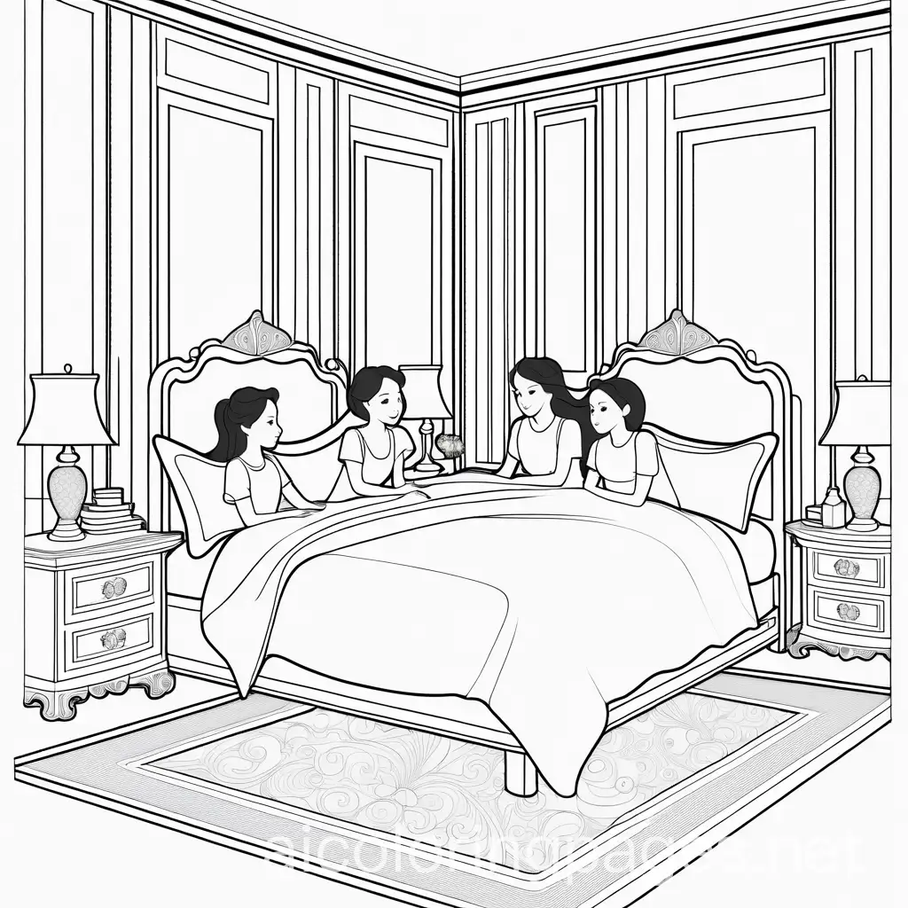 beautiful bed
room and three girls, Coloring Page, black and white, line art, white background, Simplicity, Ample White Space. The background of the coloring page is plain white to make it easy for young children to color within the lines. The outlines of all the subjects are easy to distinguish, making it simple for kids to color without too much difficulty