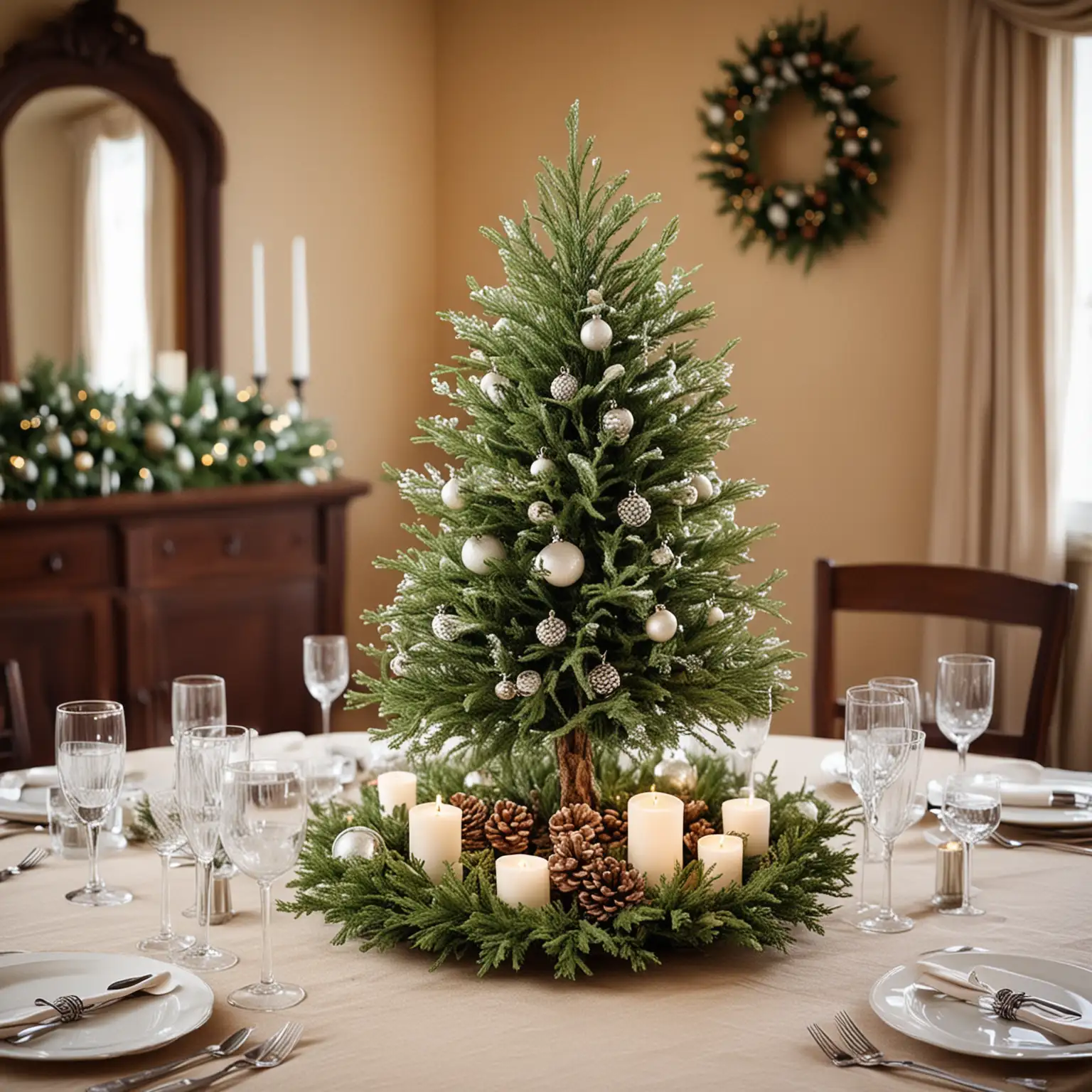 winter wedding centerpiece with tabletop christmas tree; nothing else in photo; keep background neutral