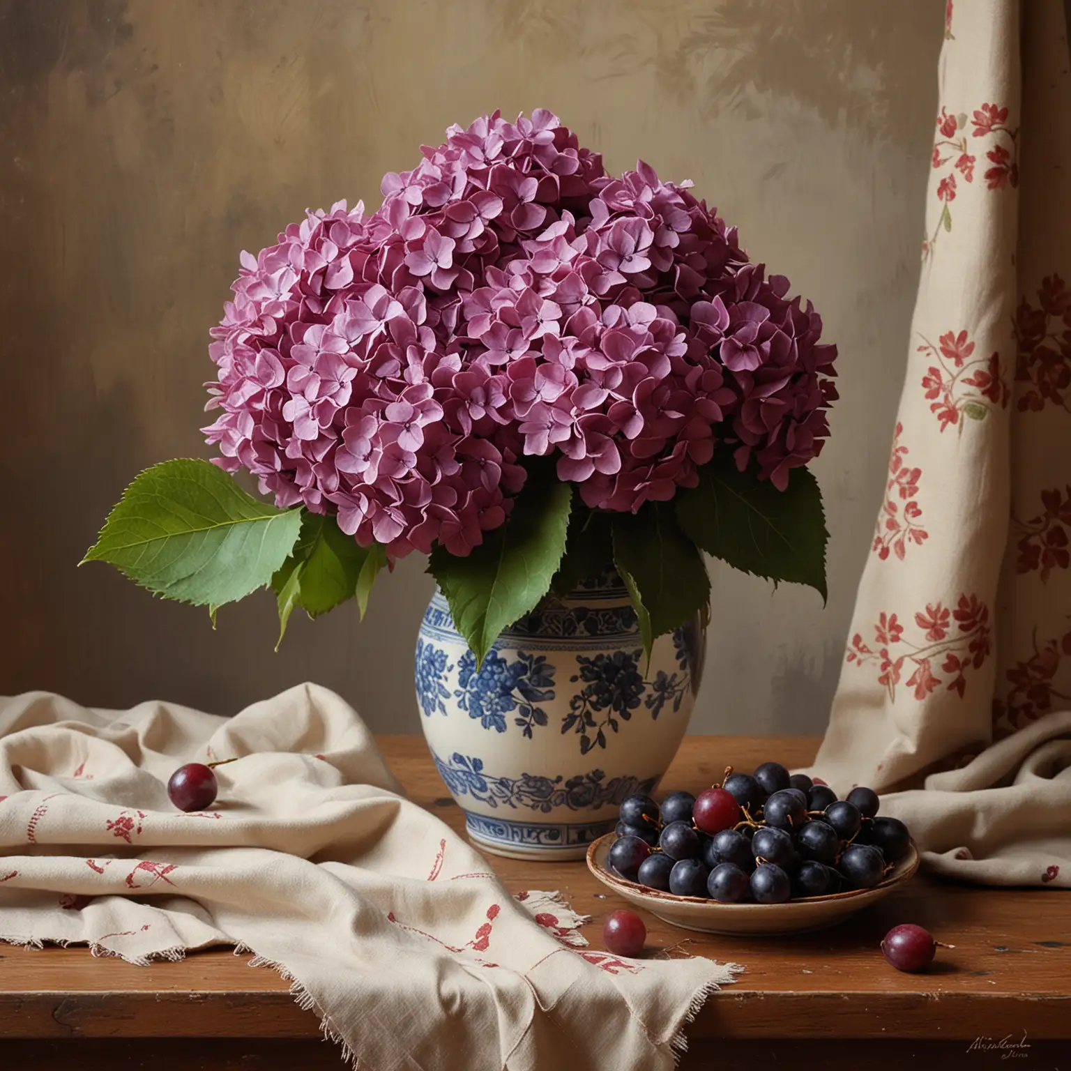 a sttill life painting  of A SMALL BOQUET PF PURPLE HYDRANGEAS IN A VASE,  ON THE TABLE WITH A SMALL BUNCH OF DARK RED GRAPES ON A CLOTH,  
