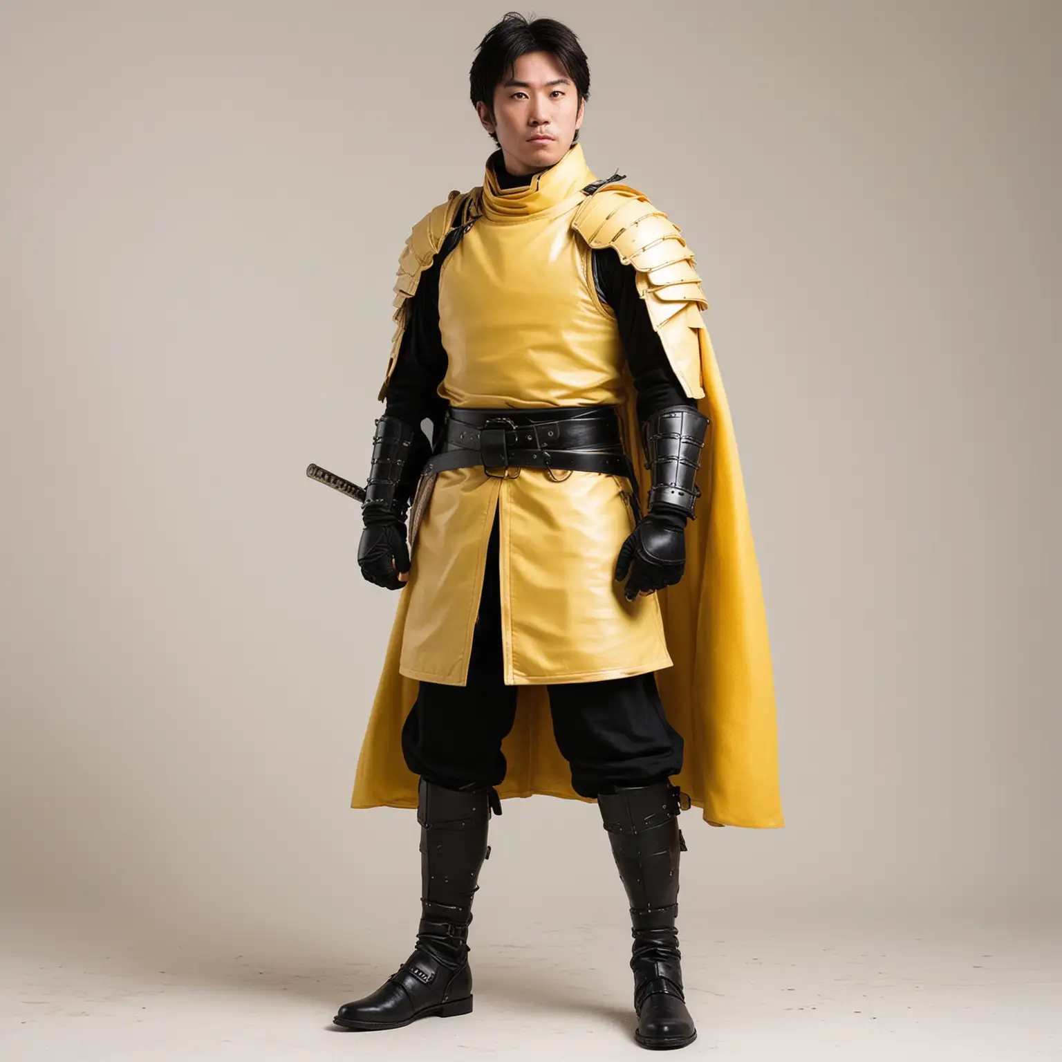Standing full body view, looking to the right, Japanese man in black turtleneck, simple light-yellow knight samurai-armor, sun-themed armor, light-yellow cape, black boots, boots, white background
