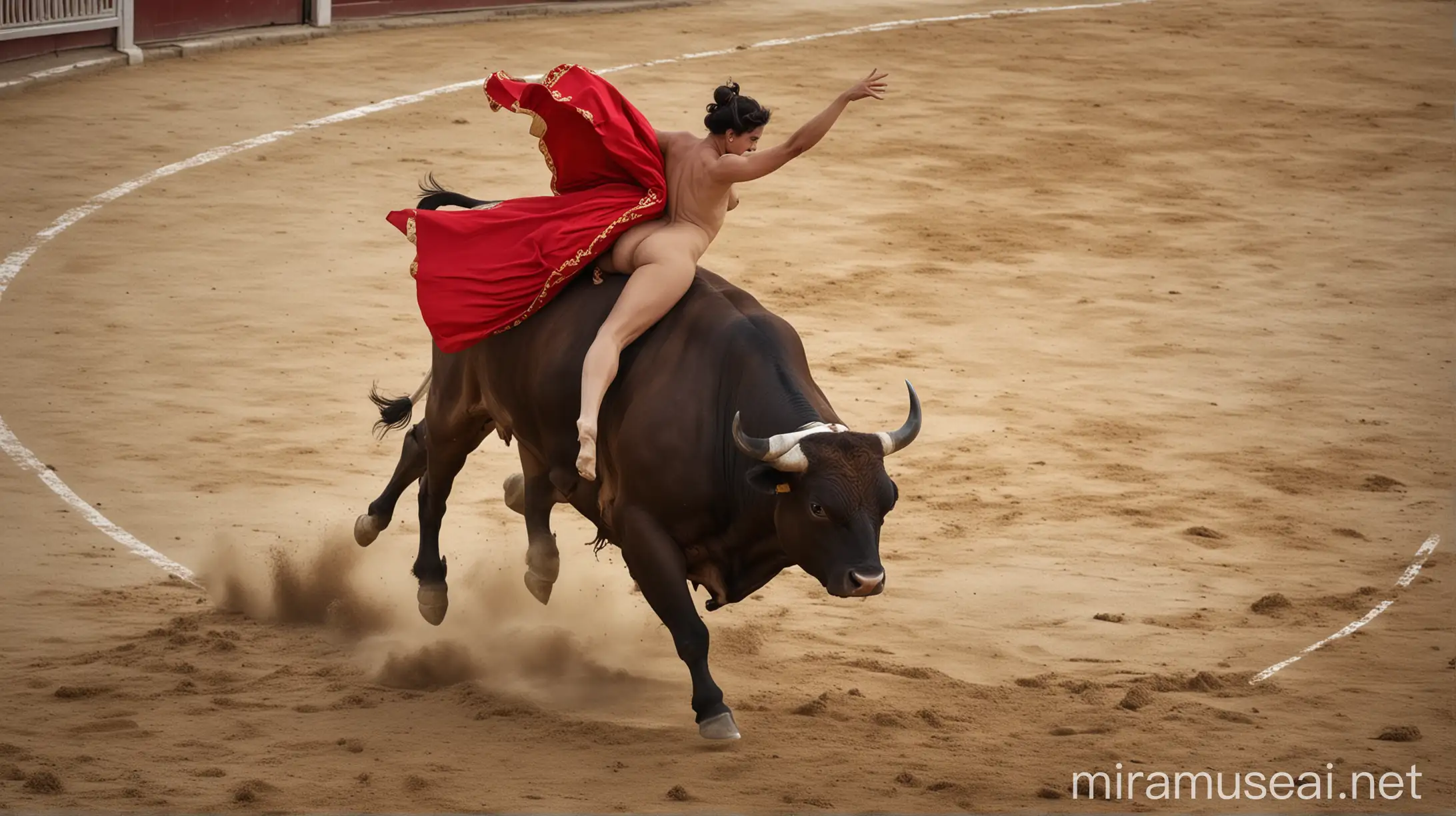 Nude Spanish bull fighter,in action,big bull,jump, realistic photography, award winning photography,proper fingers