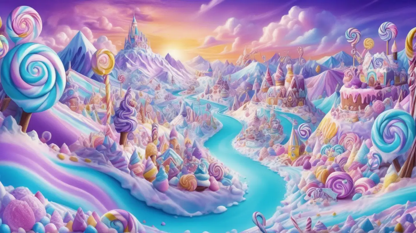 Fairytale, whimsical candy wonderland. Lollipops by magical bright-turquoise-sugar rivers surrounded by candy and whip cream and ice cream. Candy in the middle of ice cream-frosting hills. Candy-sprinkles. Purple. Blue. 8K. bright-yellow, and purple sky with cotton-candy clouds.