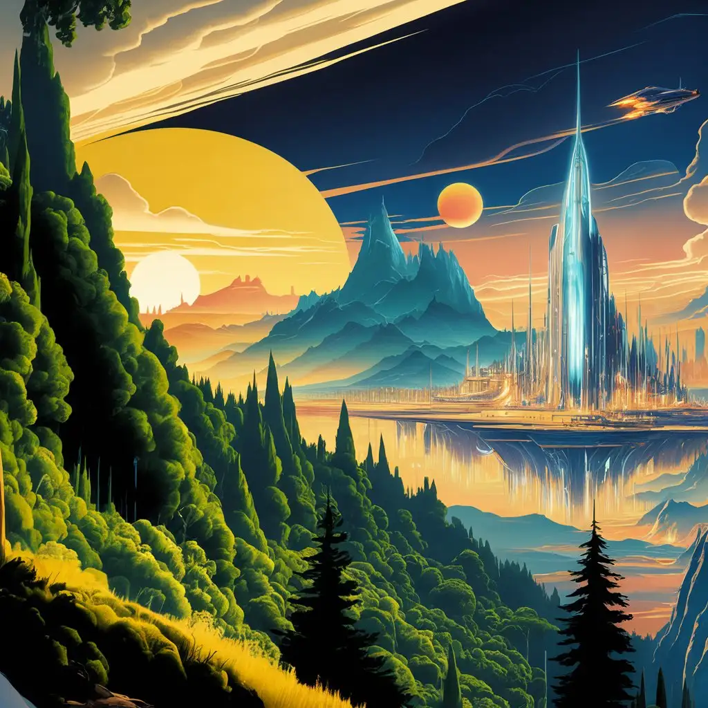 A vintage travel poster showcasing a fantastical landscape on a fictional planet, with bold colors and a sense of adventure.