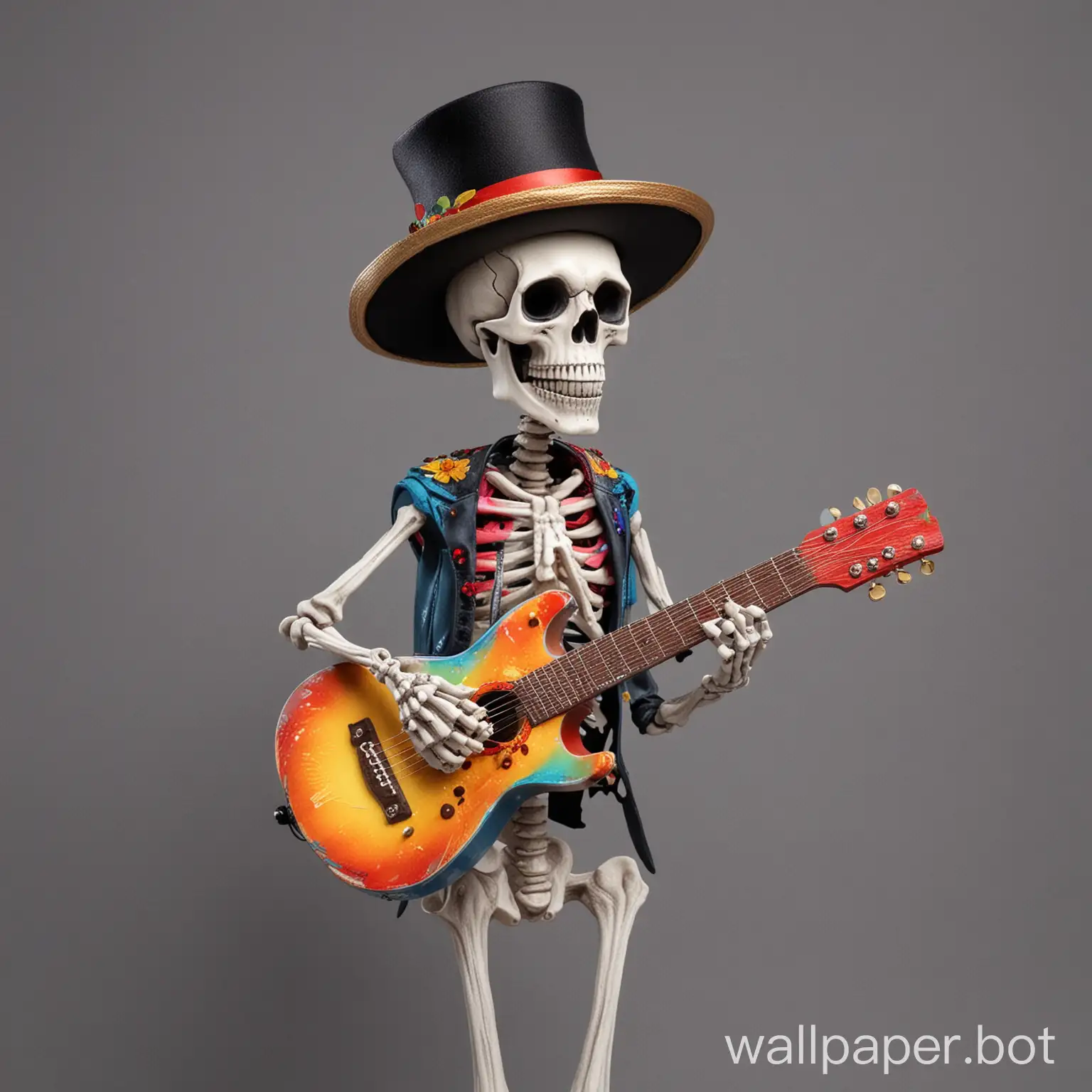 Colourful skeleton sing a song with guitar hat