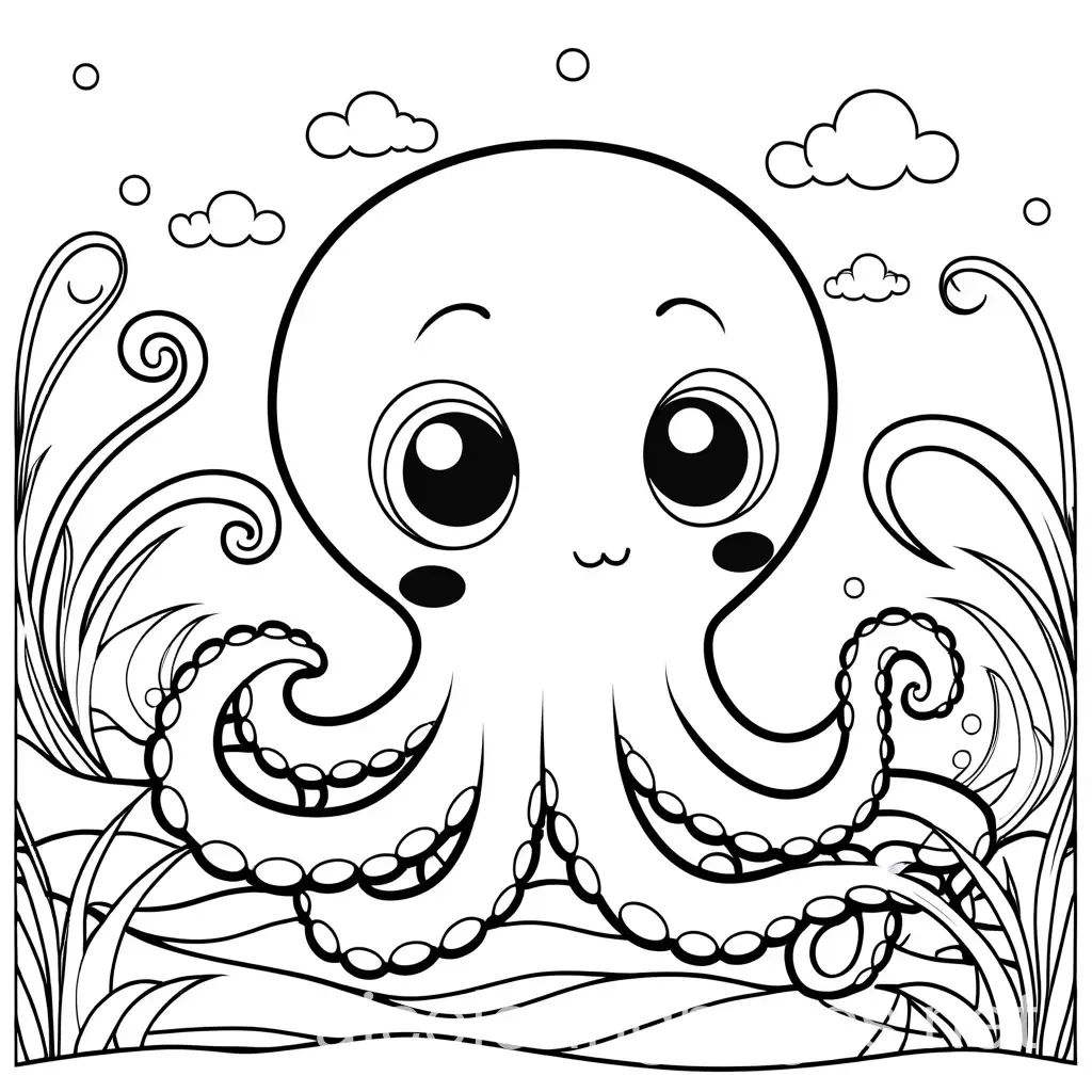 cute octopus in the sea, Coloring Page, black and white, line art, white background, Simplicity, Ample White Space. The background of the coloring page is plain white to make it easy for young children to color within the lines. The outlines of all the subjects are easy to distinguish, making it simple for kids to color without too much difficulty