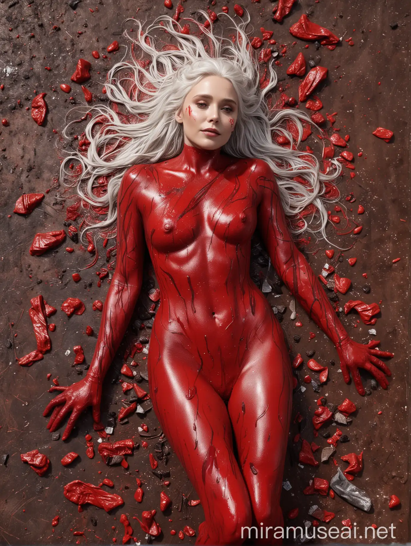 Elizabeth Olsen in Red Body Paint with Melting Chocolate Background