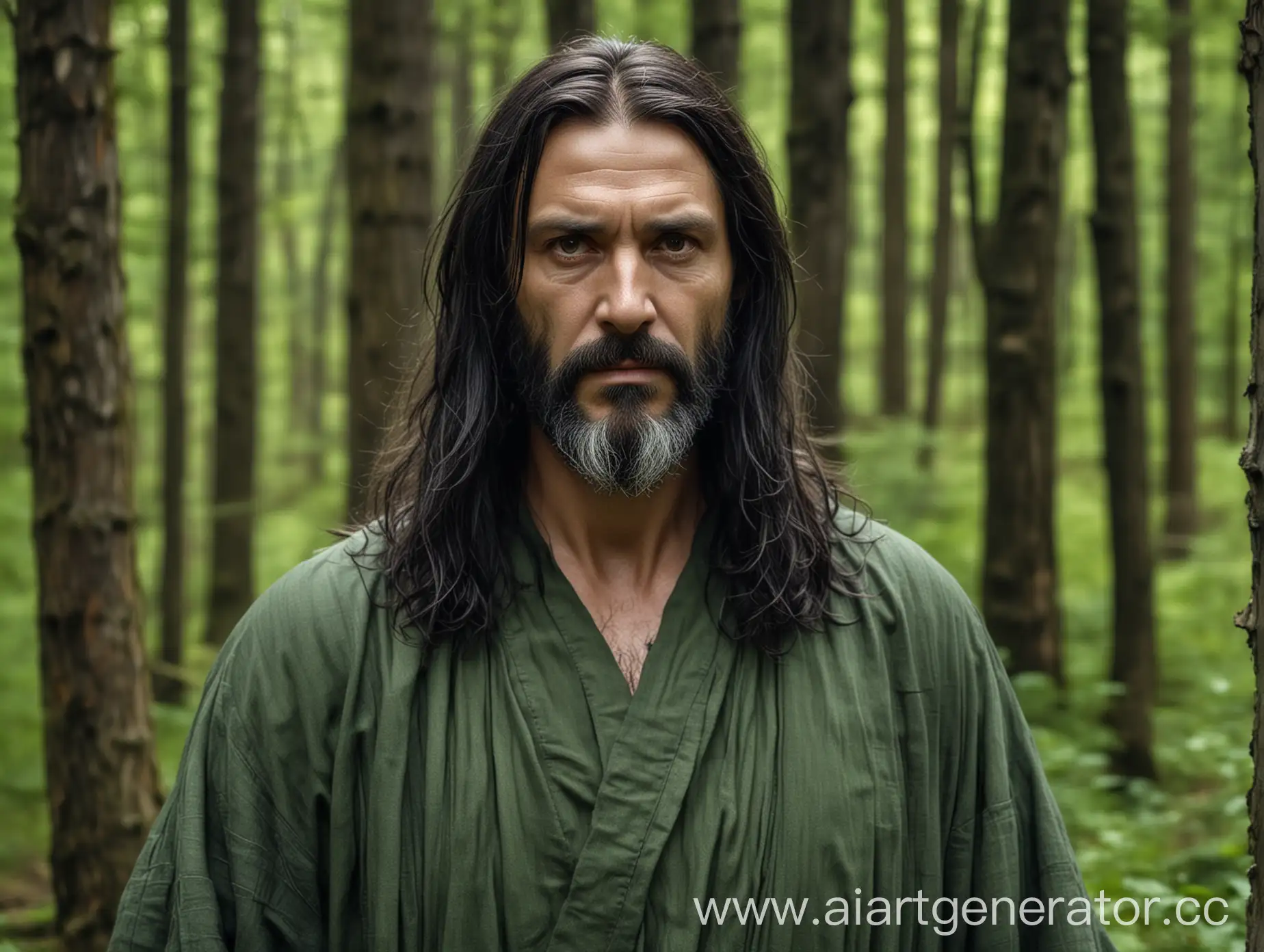 Sturdy-Middleaged-Man-with-Long-Dark-Hair-in-Druid-Robe-Against-Green-Forest