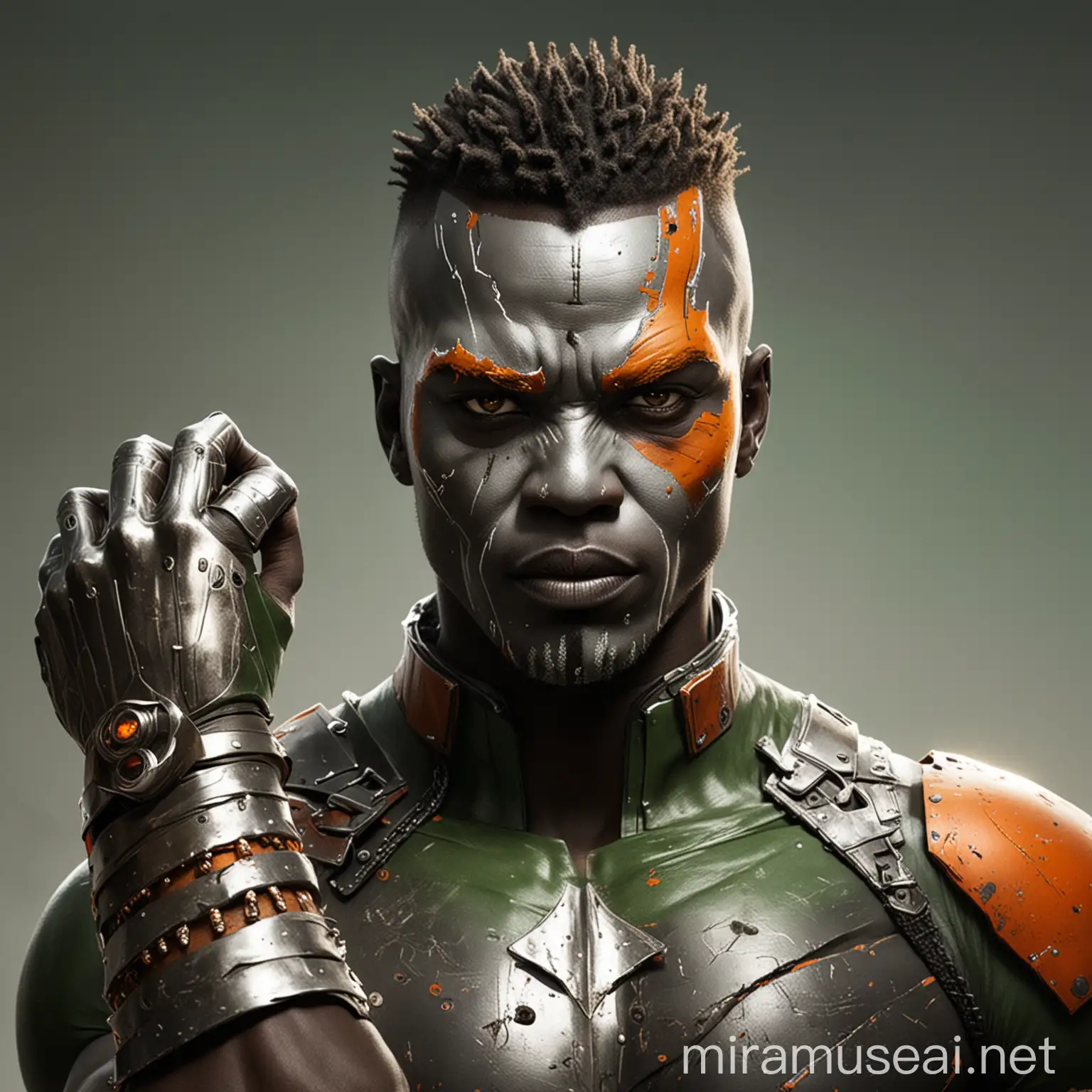 imagine An African superhero dread haircut with a silver mask predominantly black and hints of orange, white and green, the clenched right fist and a protective shield of bright orange, white, green worn on the left arm.
