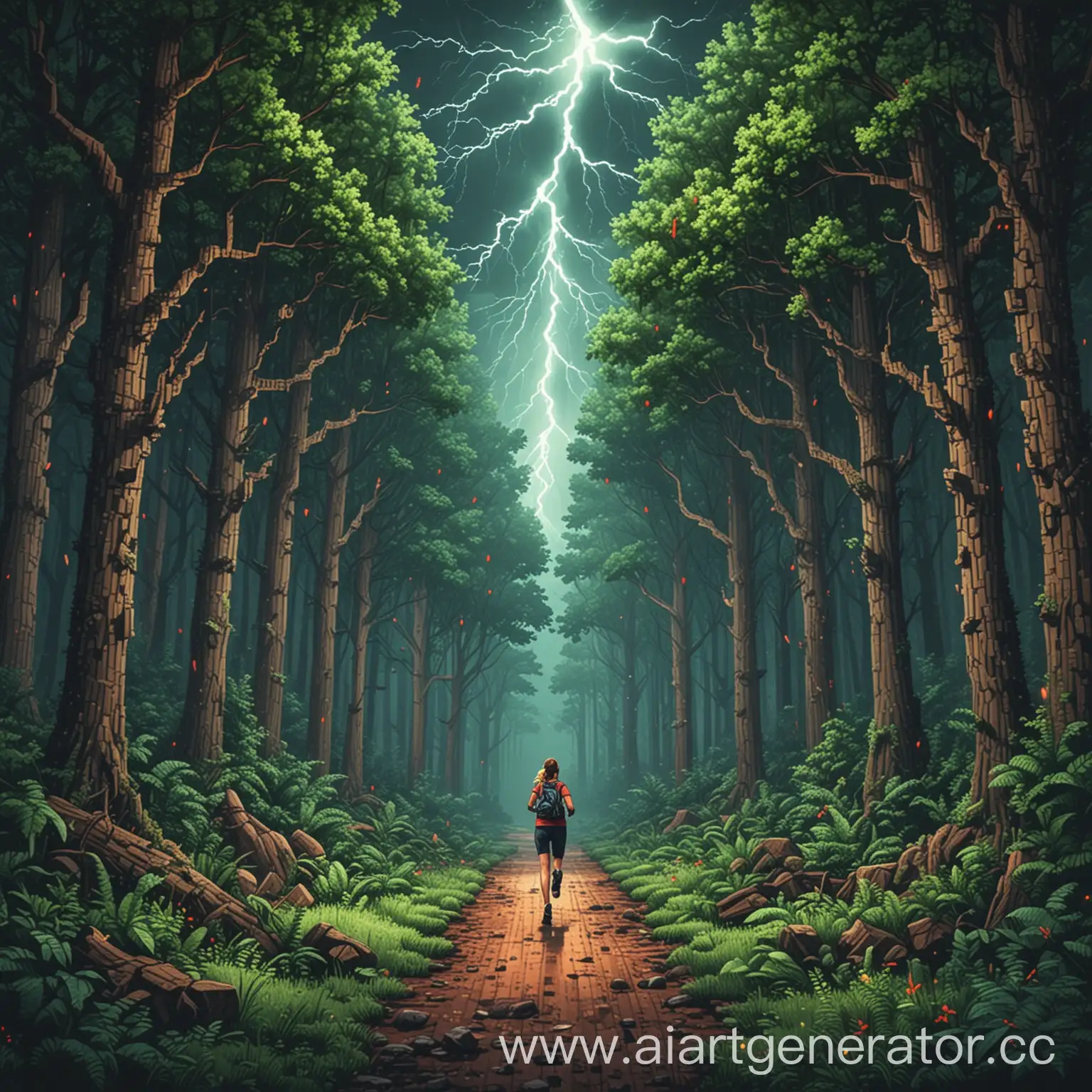 создай облоку в стиле pixel art с разрешением 1500x1500 px . Хештеги для обложки: forest, running, thunder, love