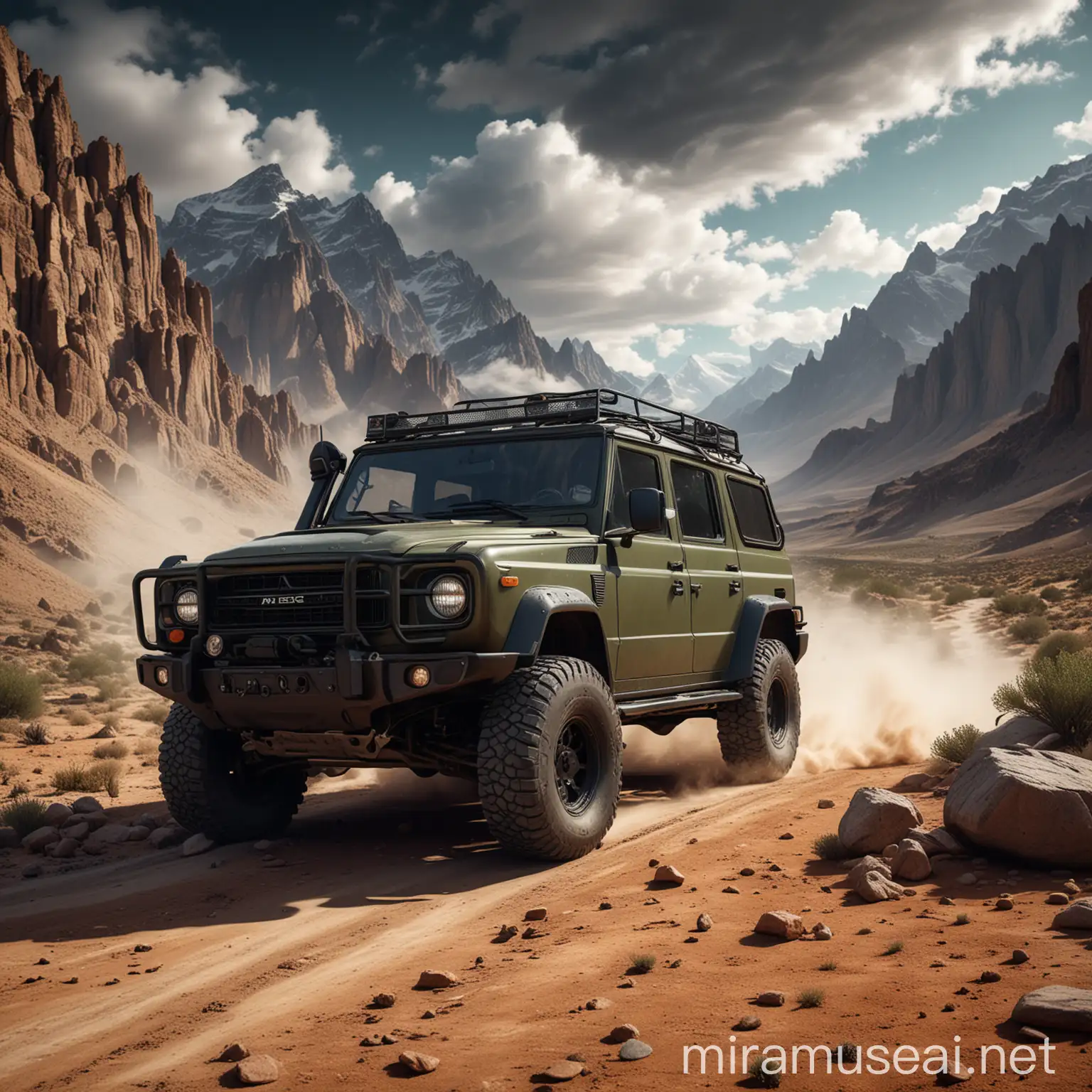 car Photography,A wild and atmospheric SUV off-road car, rugged and strong, body lines are rigid and smooth, equipped with large tires and high ground clearance, the front face is full of domenity, with metal protective bars and LED headlights. The vehicle color is dark, such as matte black or army green. The setting is set in the wilderness against a backdrop of rugged mountains and vast deserts, with thick clouds in the sky, creating an atmosphere of power and adventure ,ultra detail, hd, 8k, (photographic:1.5), magnificent, grandiose, mac os wallpaper, masterpieces, and stunning details, film photograhpy, vivid colors, sharp focus,ultra realistic illustration,hyperrealistic,best quality, high quality, masterpiece, ultra-detailed, highly detailed, 8k, pixabay 
