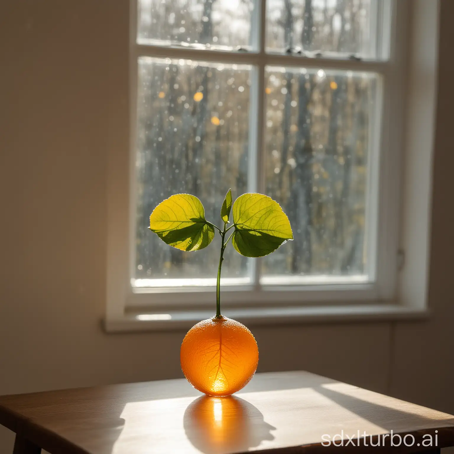 orange made of glass, it have a small leaf,
above a table on the kitchen, noon sun on window