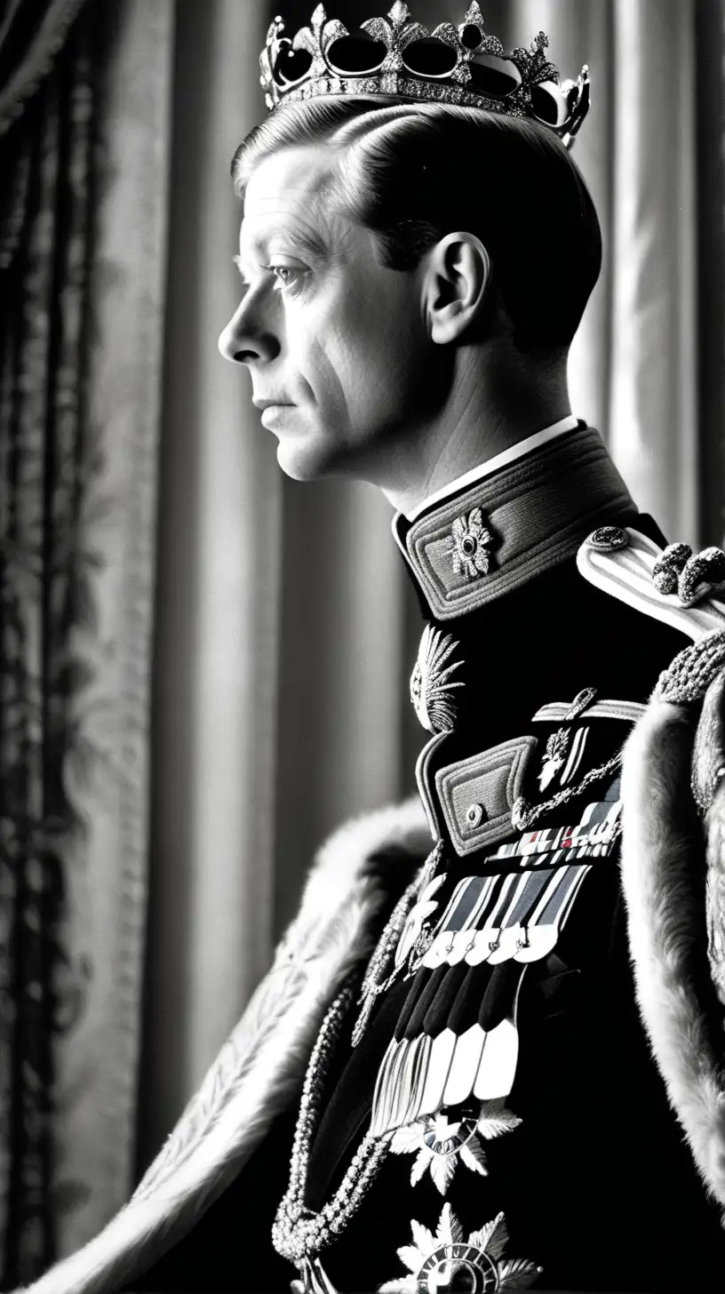 A hauntingly beautiful black and white photorealistic portrait of King Edward VIII of England.  He is gazing solemnly out of the frame, a hint of sadness in his eyes.  He is dressed in a regal coronation robe and crown, but the crown appears slightly askew on his head.  In the background, a faint image of Wallis Simpson, a glamorous American socialite, can be seen through a window, but her face is obscured by a lace curtain.