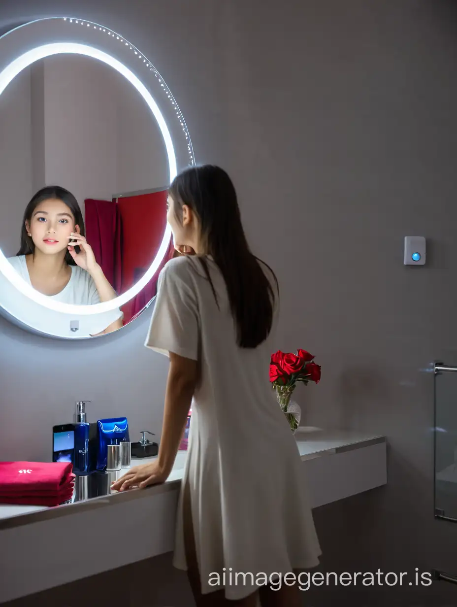 Stylish-Girl-Admiring-Reflection-in-LEDLit-Mirror-with-Dynamic-Room-and-Wardrobe-Changes