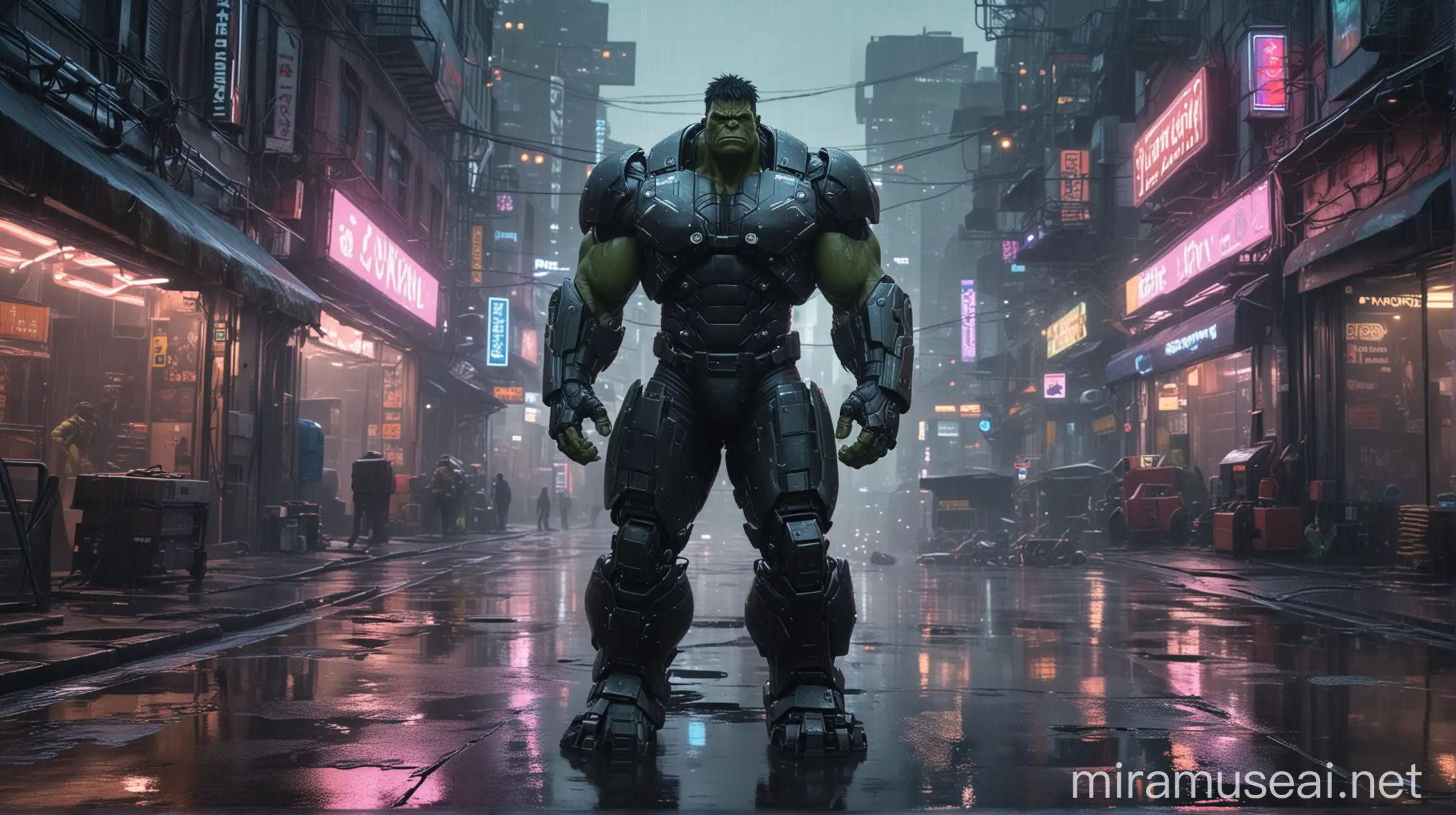 In the style of Brom art, image with Hulk inside a mech robot suit in a ready to fight stance. Clear image. Futuristic cyber punk city with neons in the background. Rainy night. Reflections. Shadows. Ray tracing. 64K.